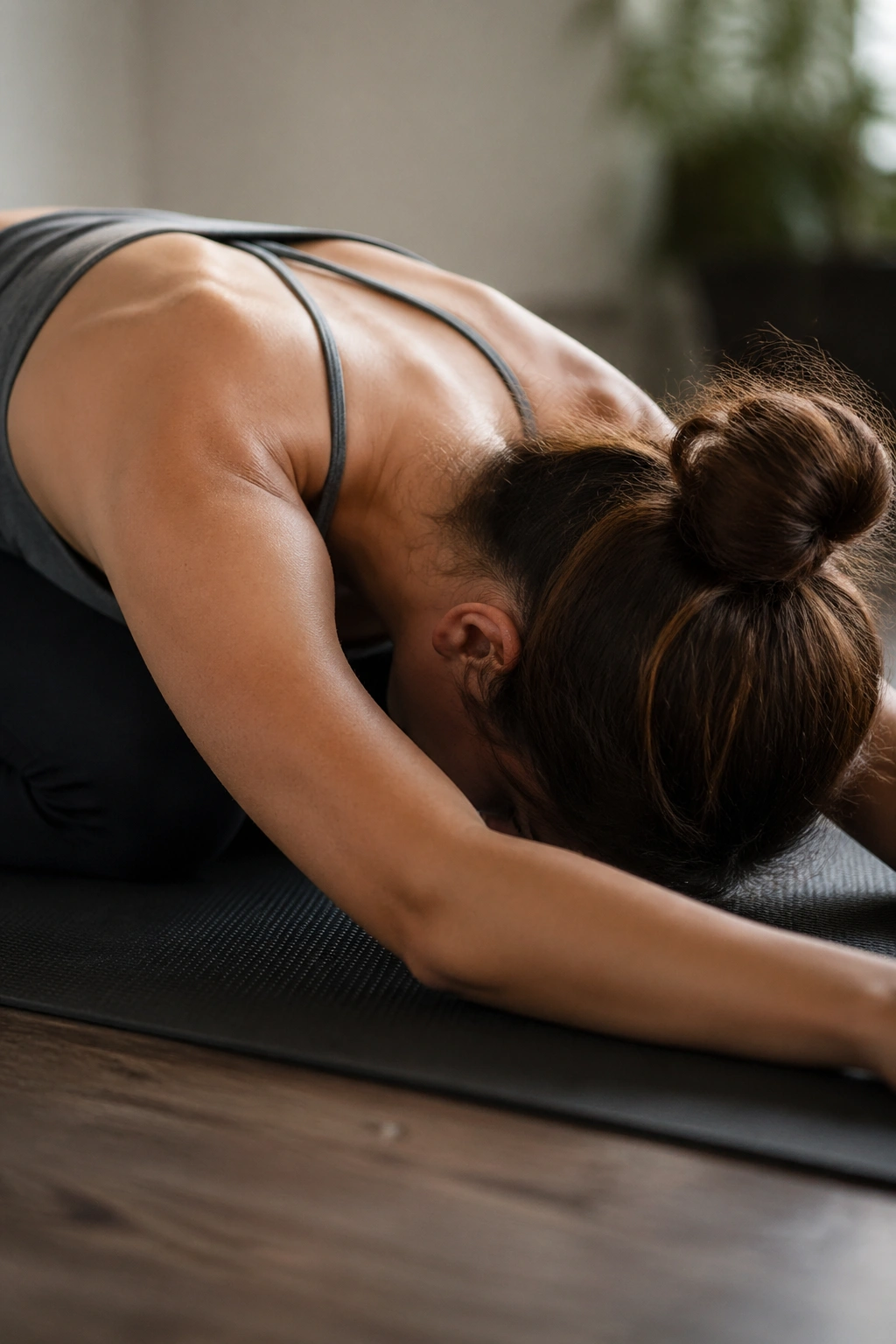 Close-up of Child's Pose with forehead on mat in a calm room.