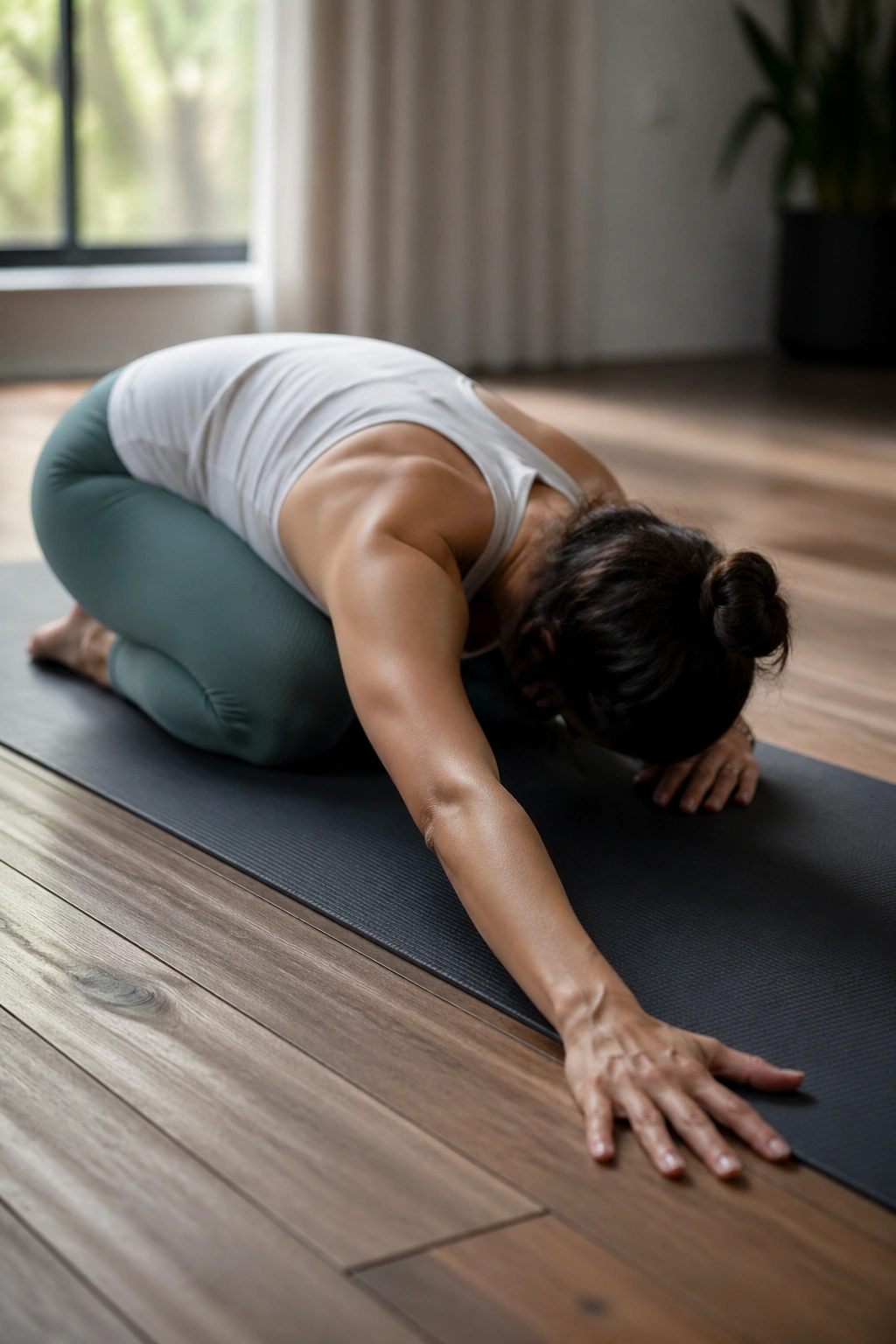 Real person in Child’s Pose with side reach, arm extended to the side and torso lengthened