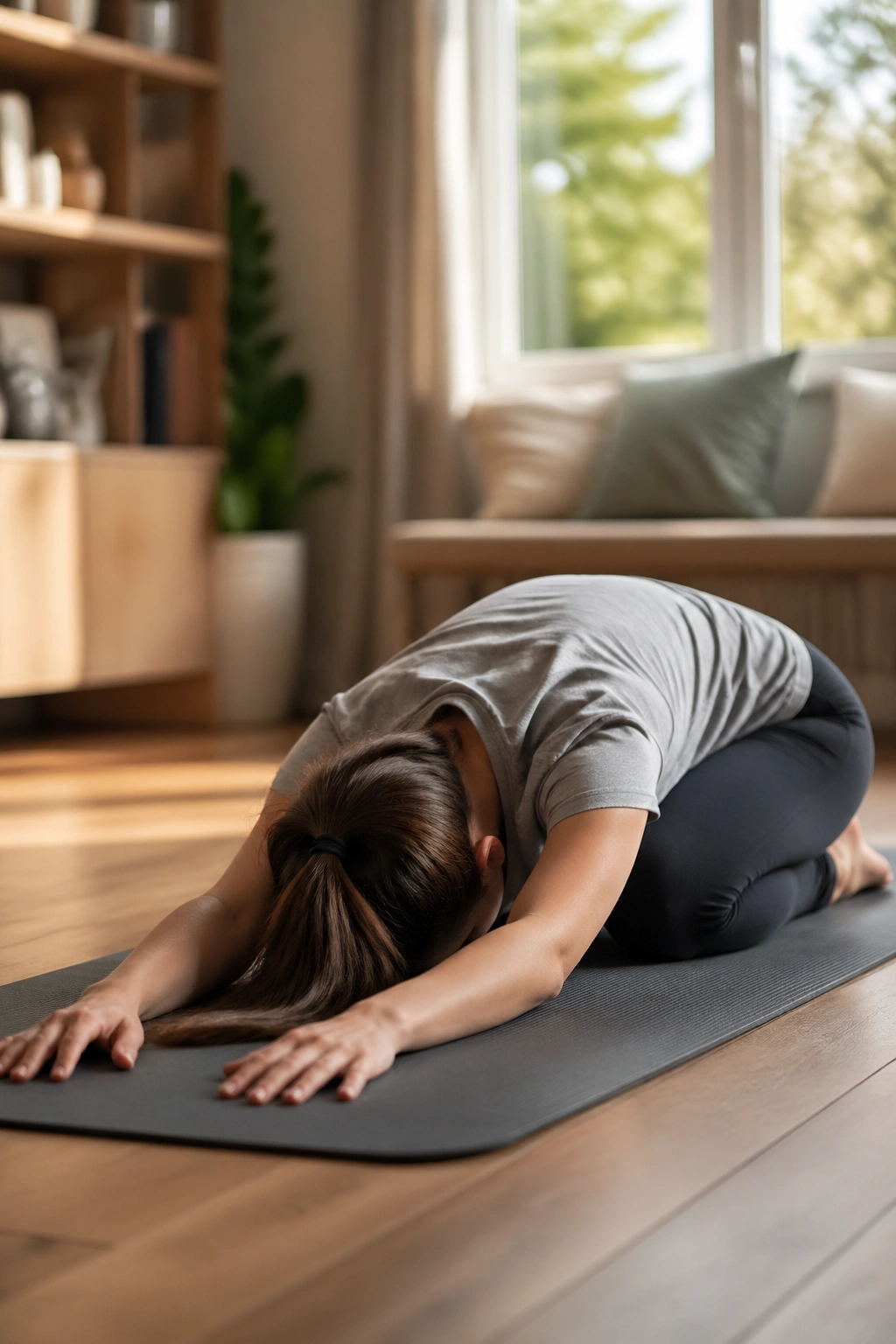 Teen in Child’s Pose on a yoga mat in a cozy home setting