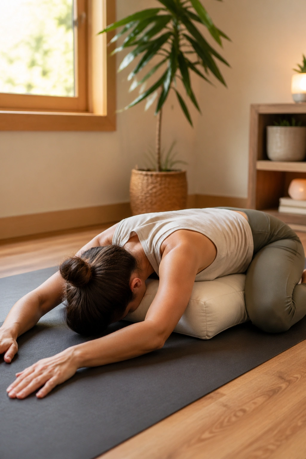 Close-up of a person in Child’s Pose with forehead on mat and knees apart, calm yoga setting