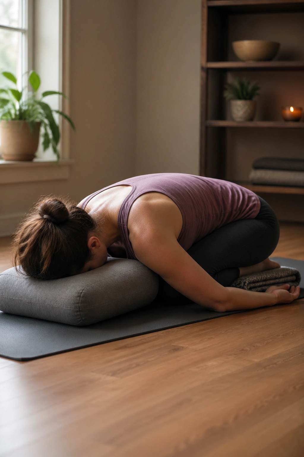 Close-up of a person in Child's Pose on a mat in a calm room