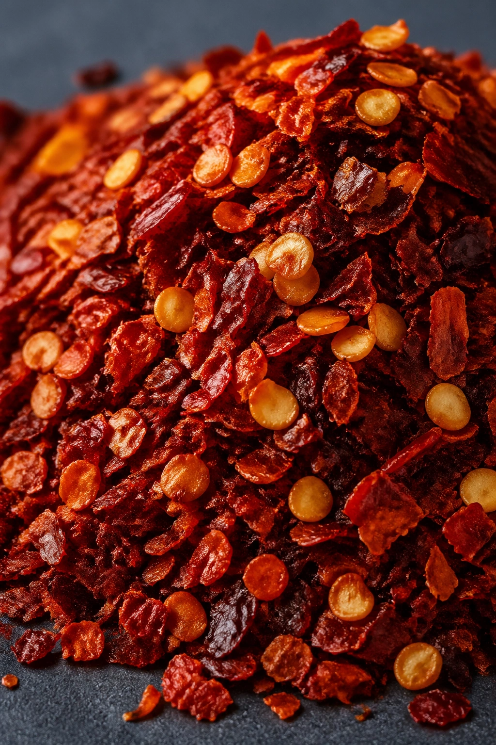 Close-up of chili flakes mound on dark slate surface, vibrant red seasoning