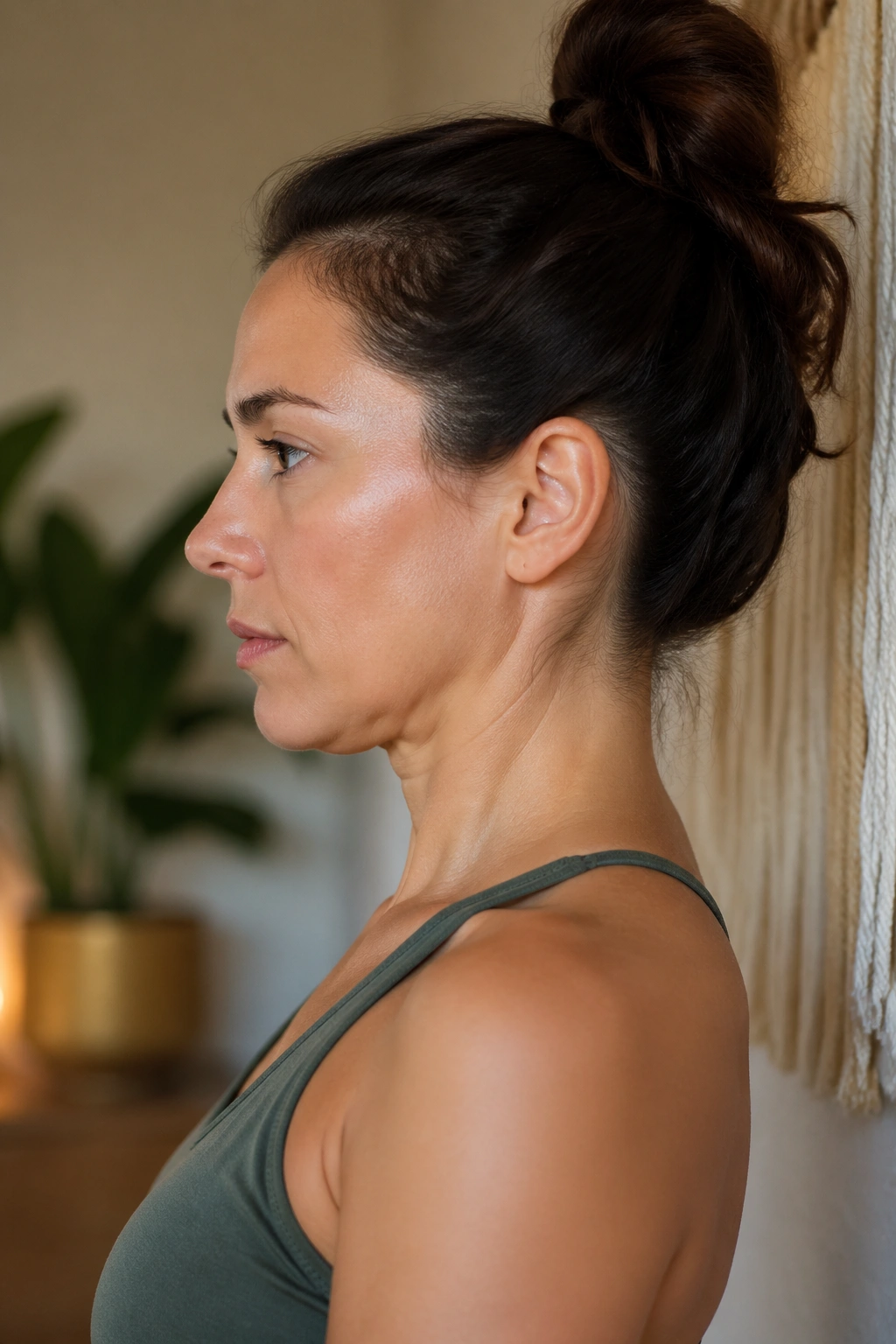 Profile close-up of a real person performing a chin tuck to lengthen the neck.