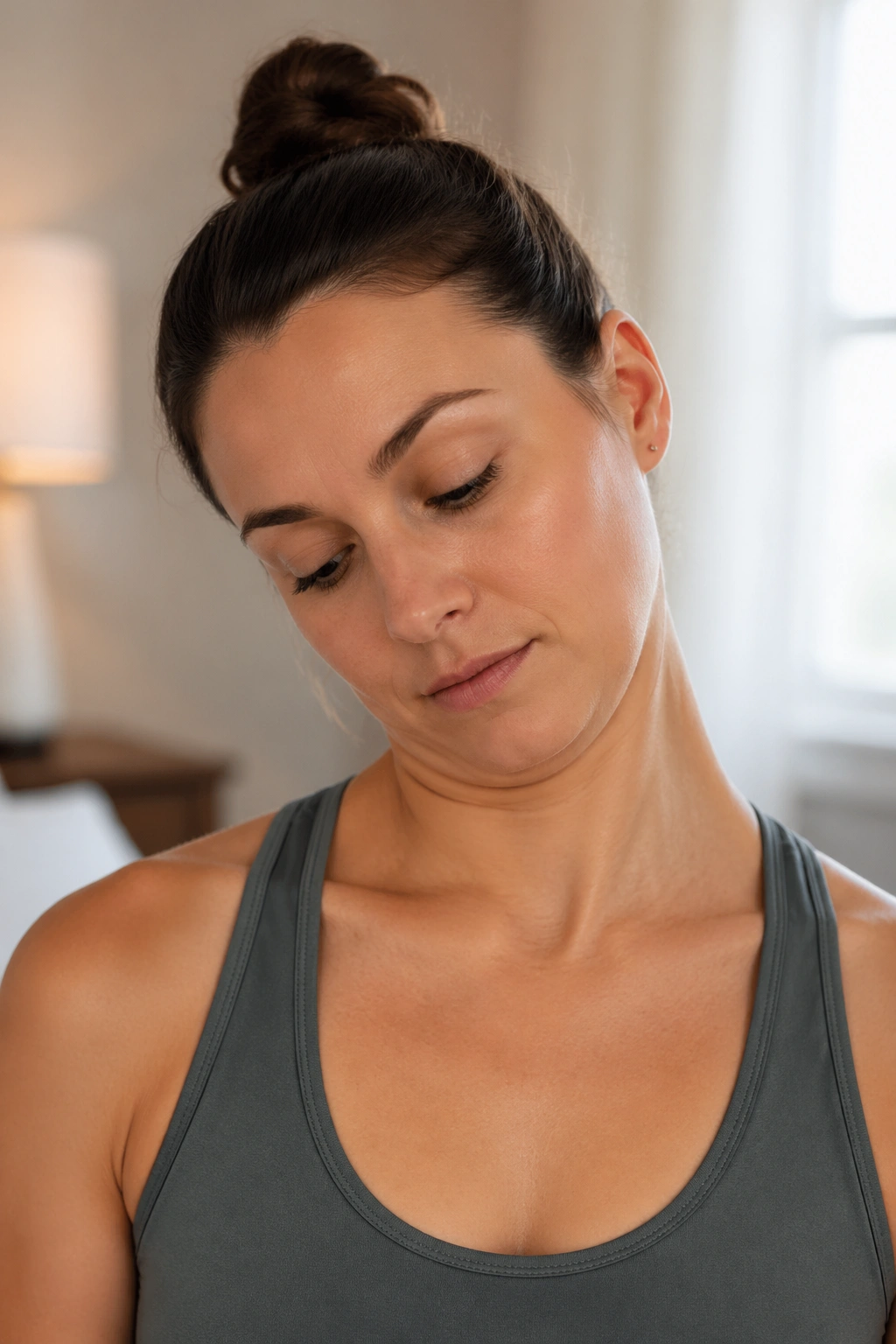 Close-up of a person performing chin tucks and neck side bends