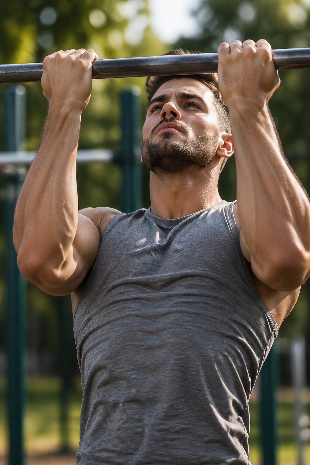 Close-up of a real person performing a chin-up on an outdoor bar, showcasing biceps and back engagement