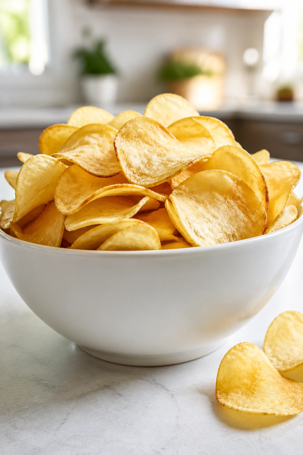 Close-up of salted potato chips in a plain bowl.
