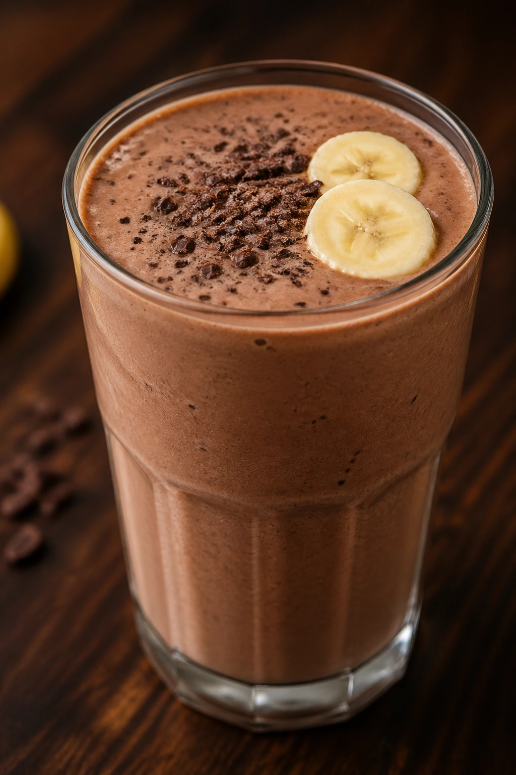 Chocolate banana kefir smoothie in a glass on a dark wooden surface