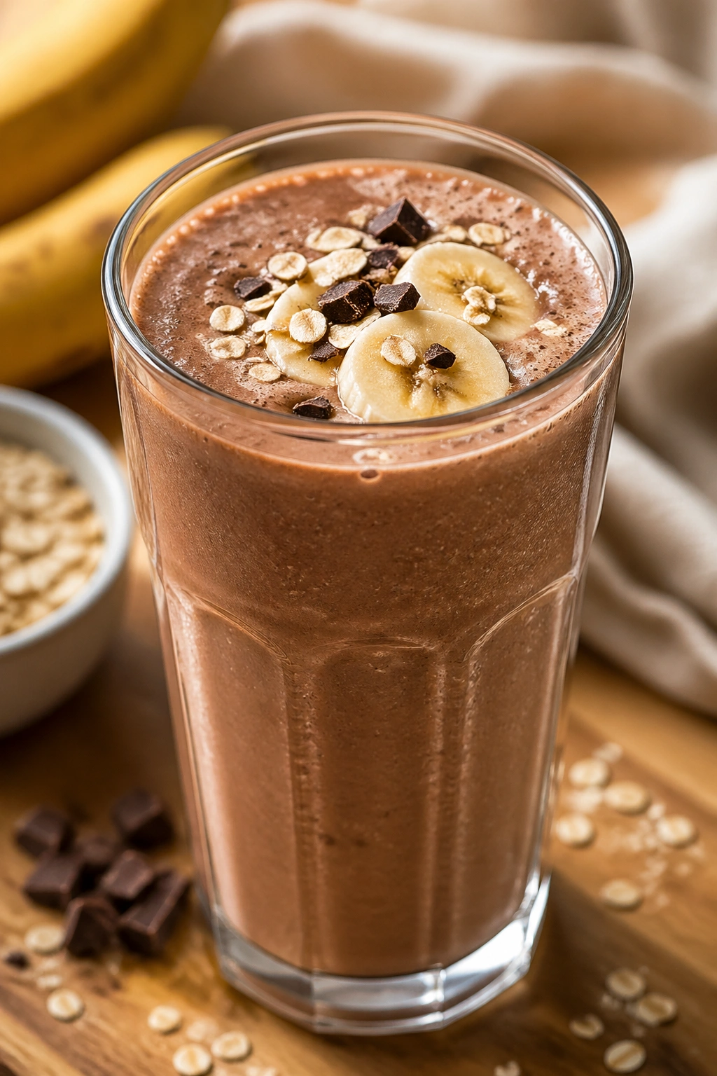 Close-up of chocolate banana oat smoothie in glass on kitchen counter
