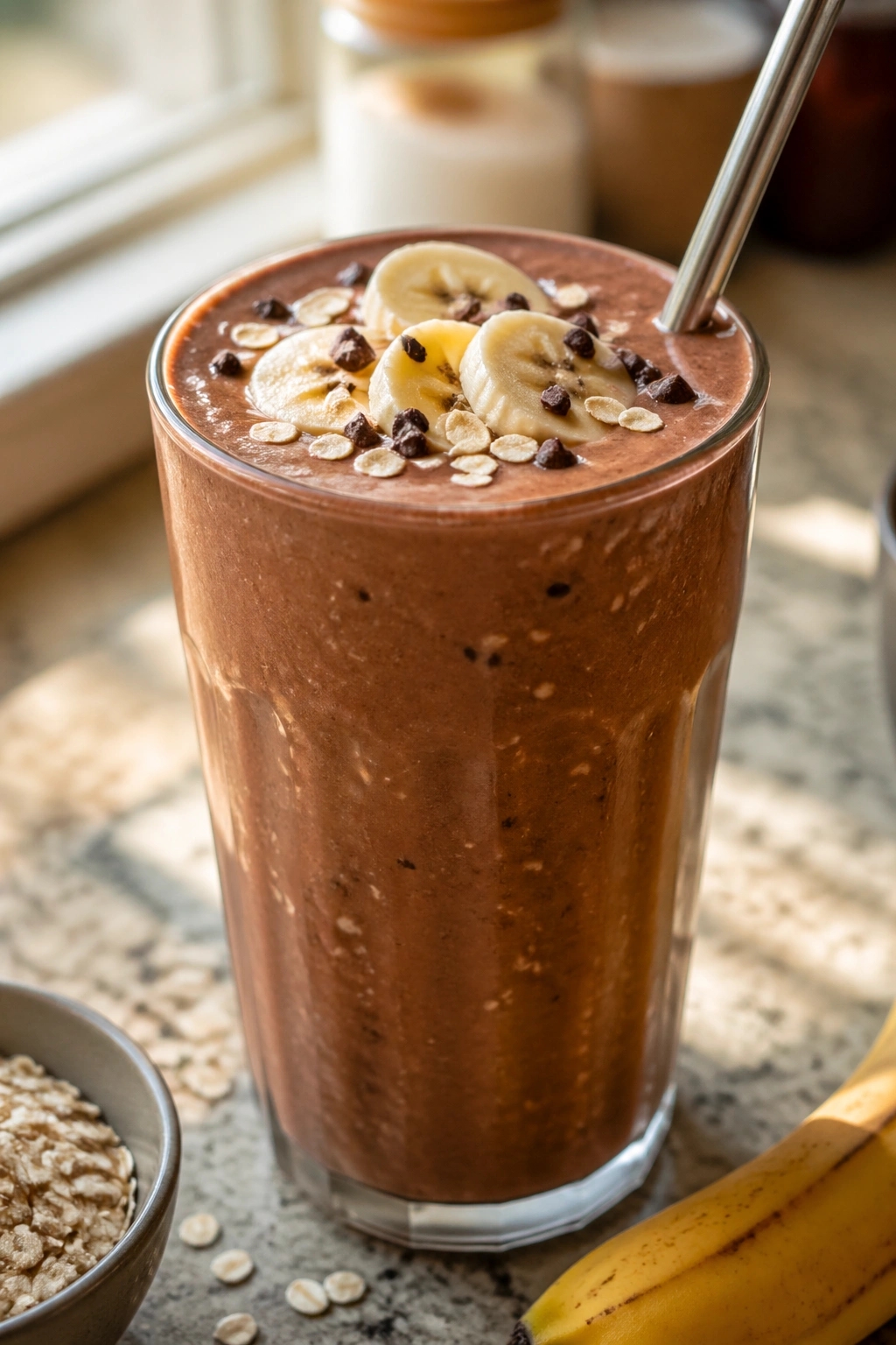 Creamy chocolate banana recovery shake in a tall glass on a kitchen counter with oats texture