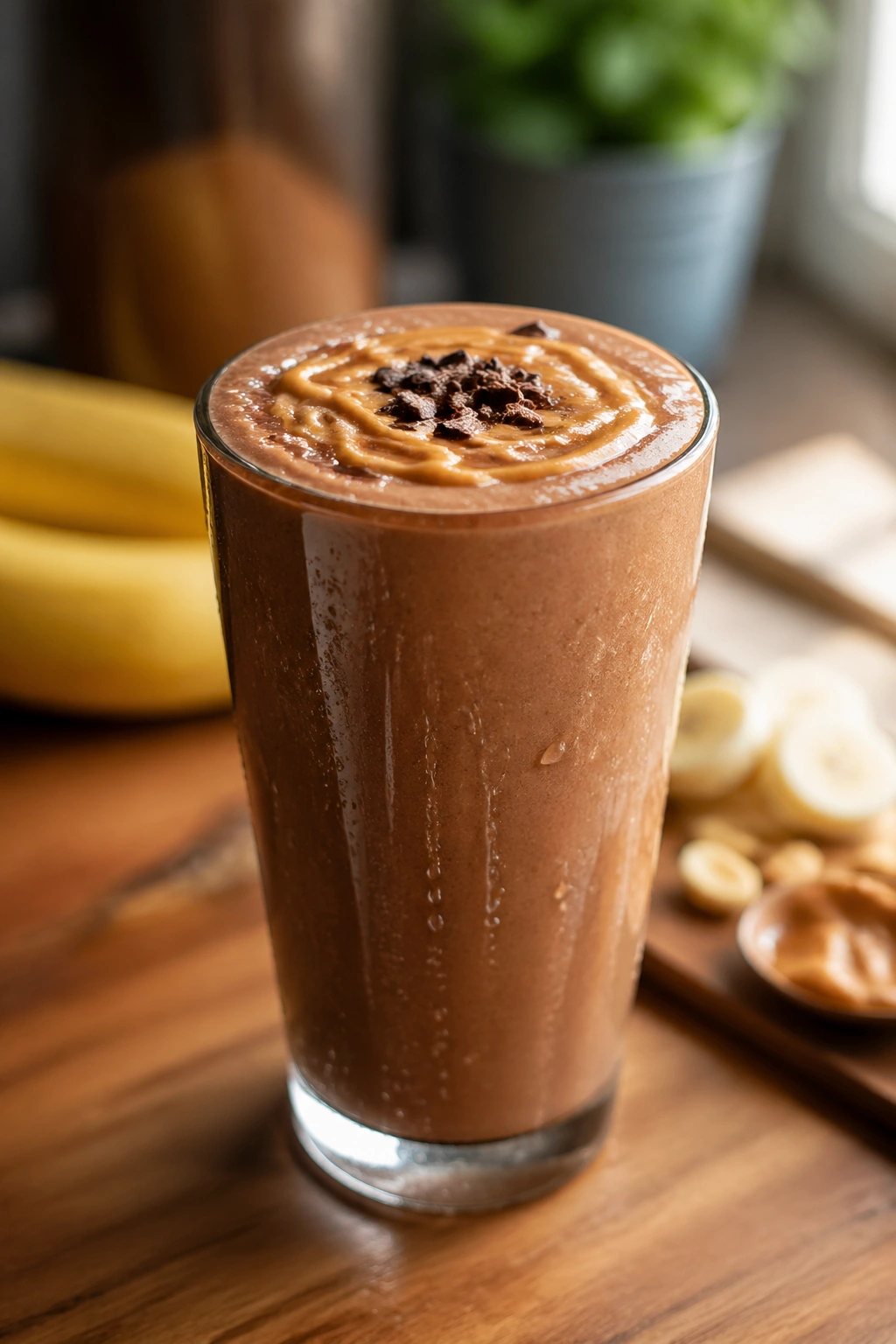 Close-up of chocolate banana peanut butter smoothie in glass on kitchen counter