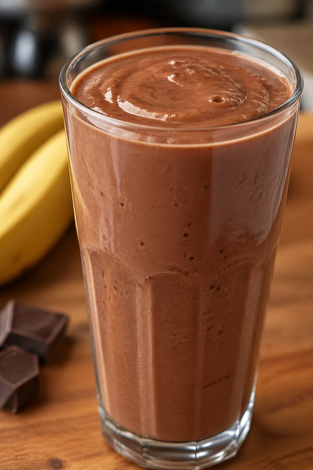 Close-up of chocolate banana post-workout recovery smoothie in a glass on a wooden counter