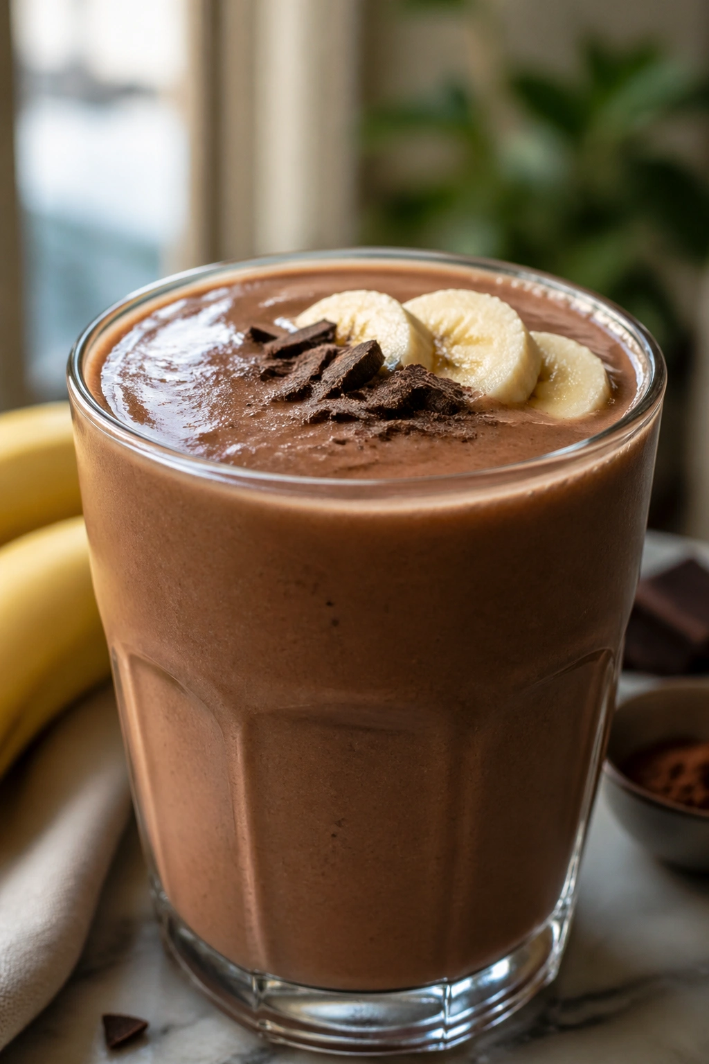 Chocolate banana whey recovery smoothie in a glass