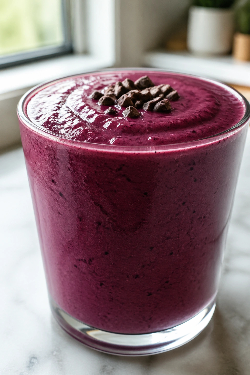 Close-up of chocolate berry smoothie in a glass on a kitchen counter, thick and rich.