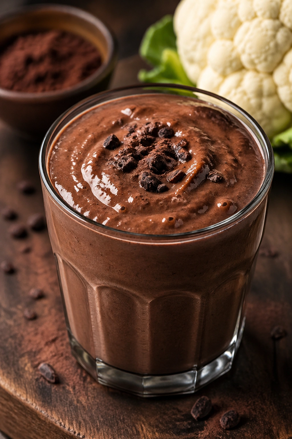 Chocolate smoothie with cauliflower texture in glass