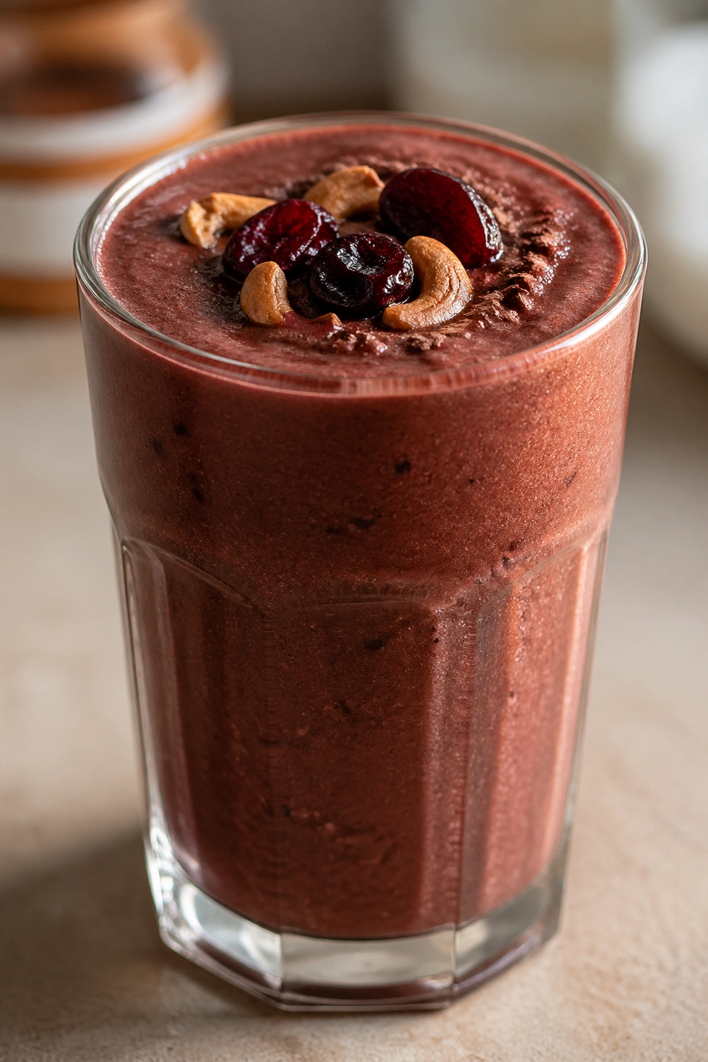 Close-up chocolate cherry cashew smoothie in glass on neutral counter