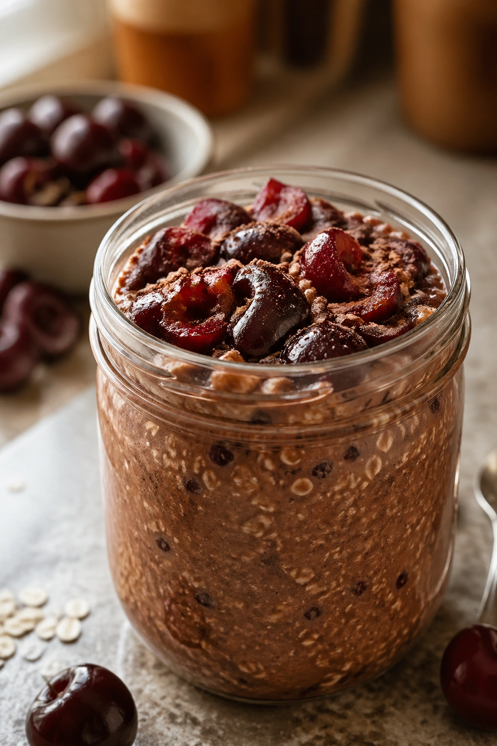 Chocolate cherry oats in a jar with cherries and cocoa
