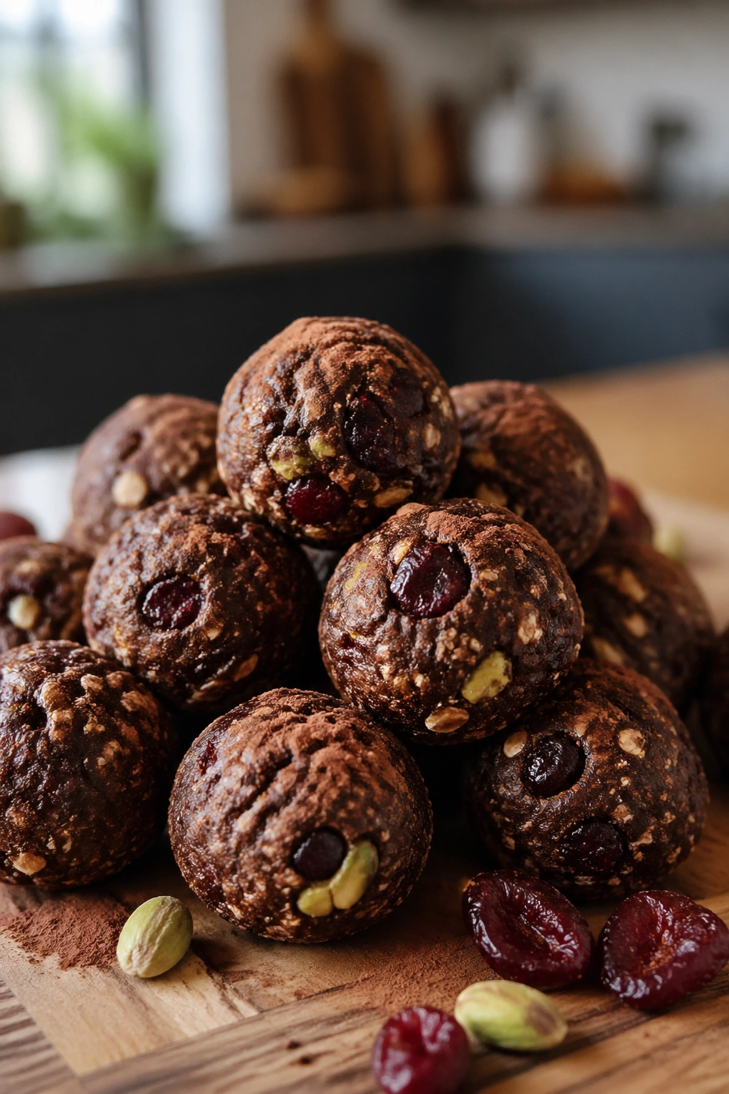 Close-up of Chocolate Cherry Pistachio Protein Balls with cherries and pistachios