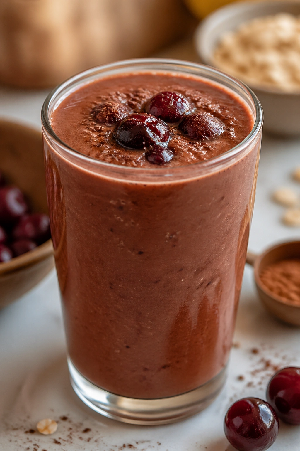 Glass of Chocolate Cherry Lift-Day Smoothie in a warm kitchen