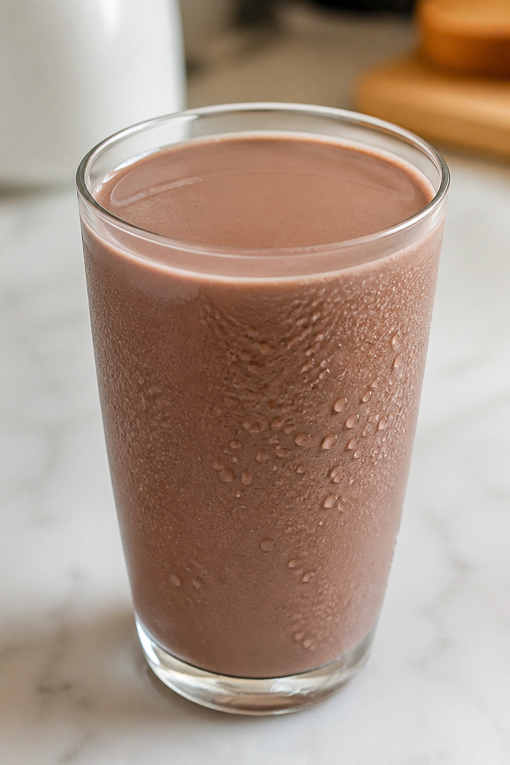 Glass of low-fat chocolate milk with condensation
