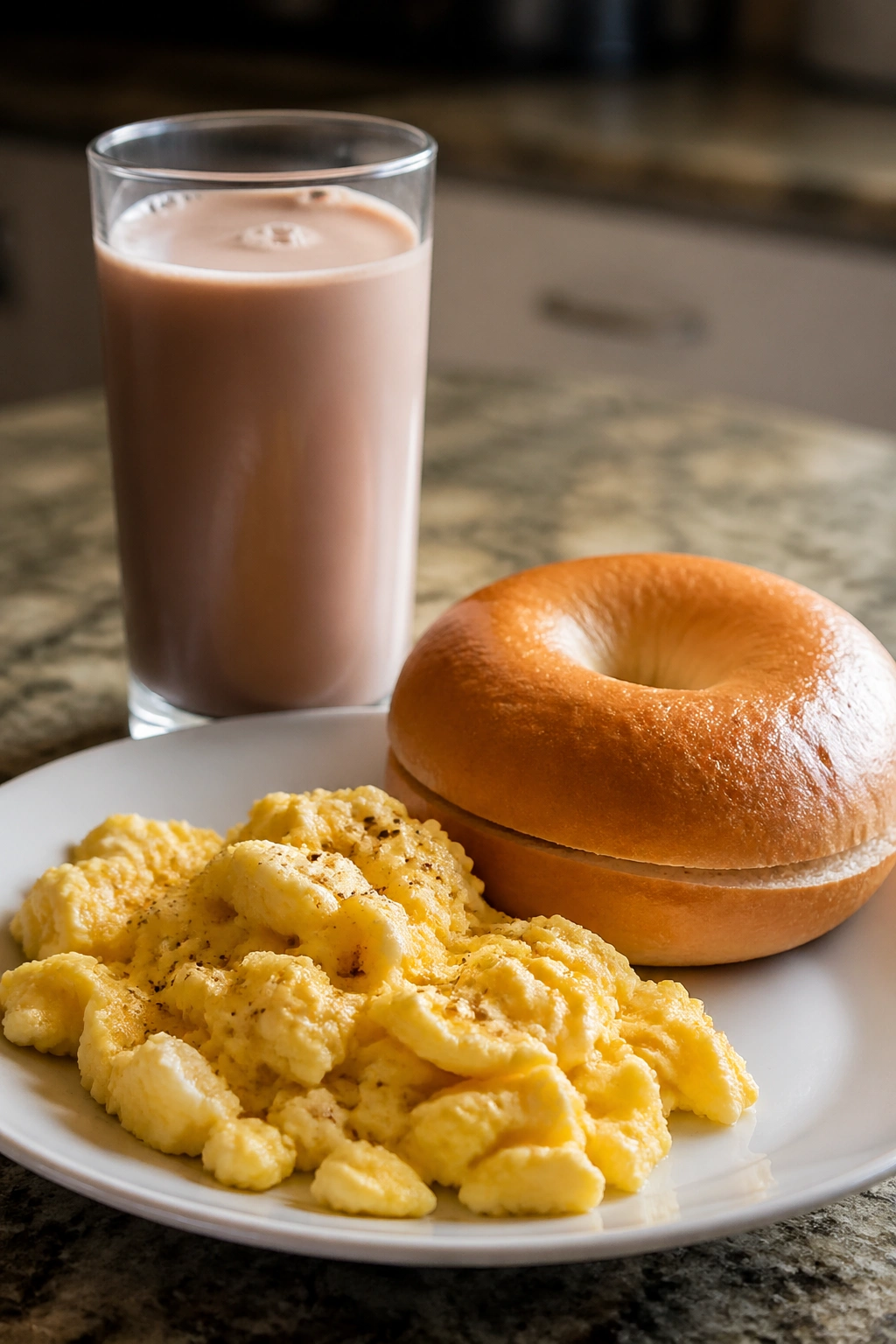 Close-up of chocolate milk, a bagel, and scrambled eggs on a breakfast plate