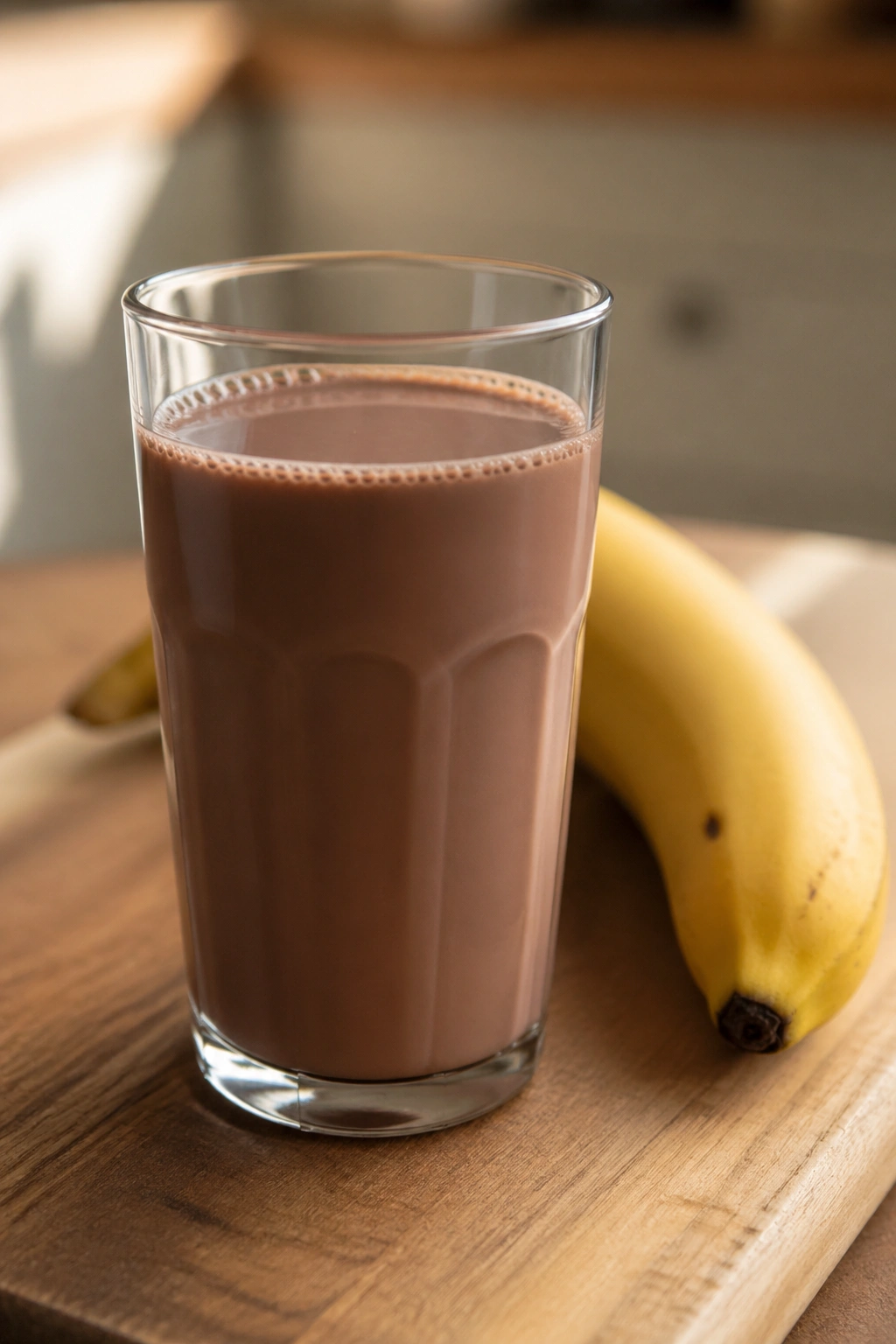 Glass of chocolate milk beside a banana on a wooden surface.