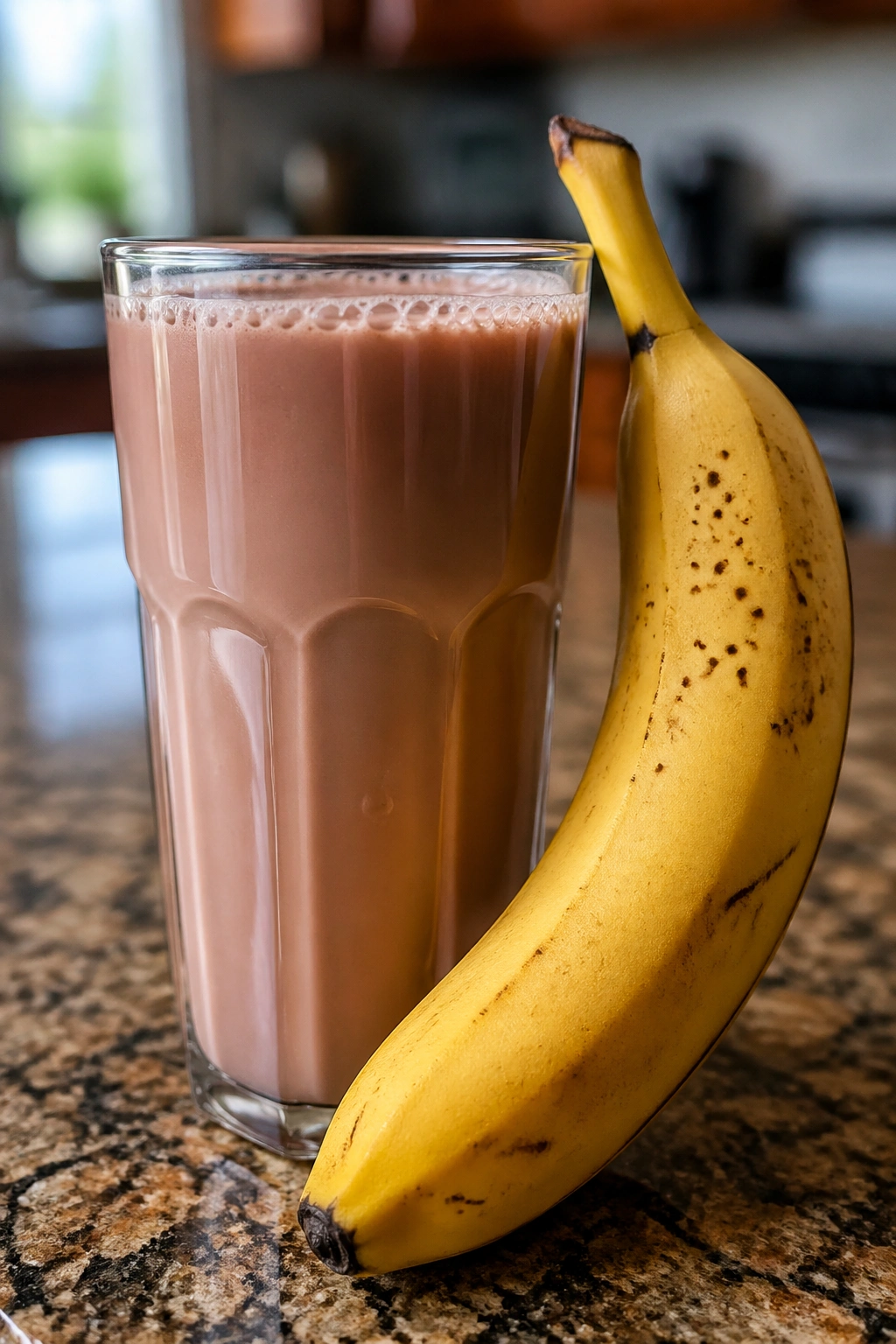 Tall glass of chocolate milk with a banana beside it on a kitchen counter