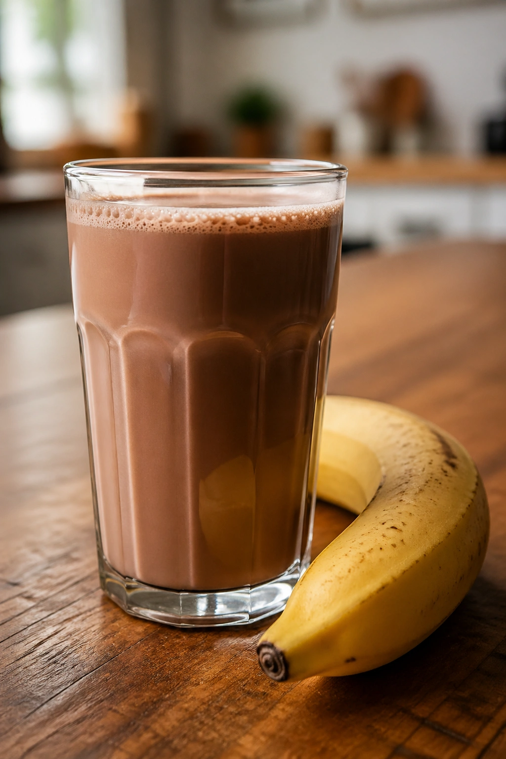 Glass of chocolate milk with a banana beside it on a wooden table