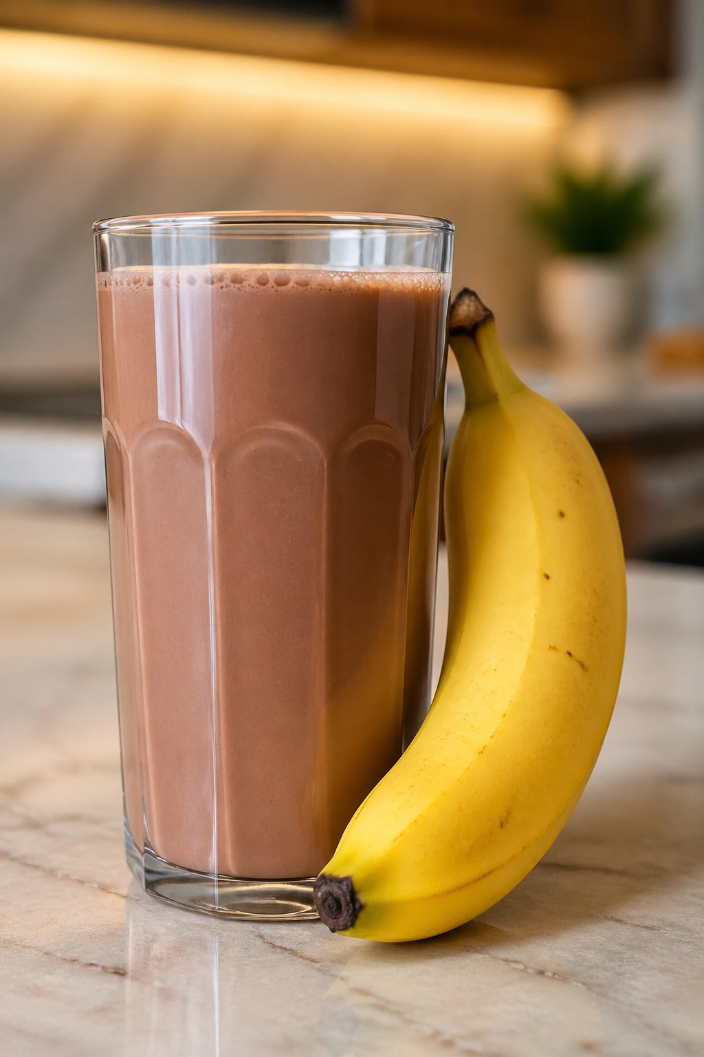 Glass of chocolate milk with a banana beside it on a kitchen counter