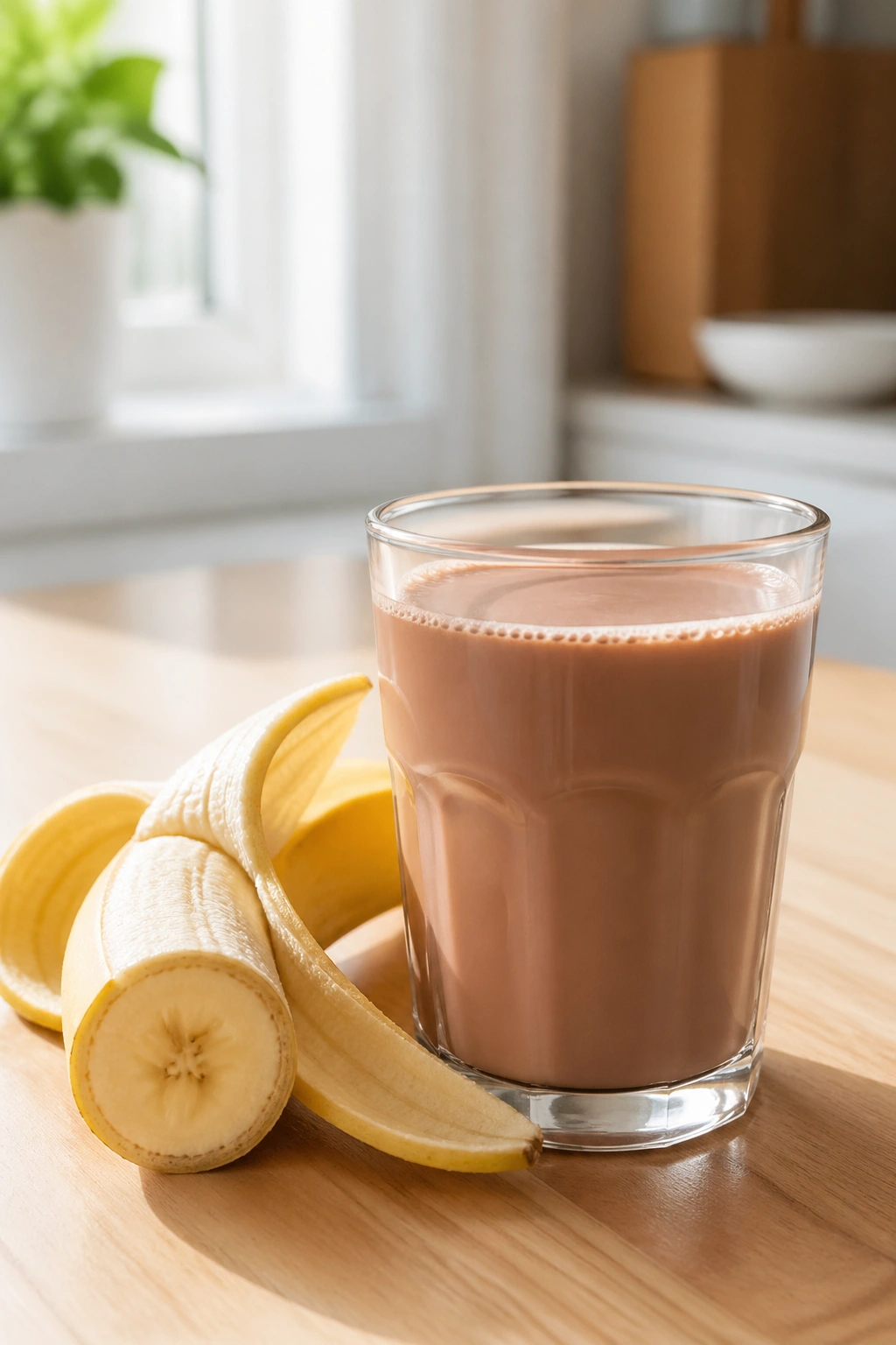 Close-up of chocolate milk in a glass with a banana on a wooden table