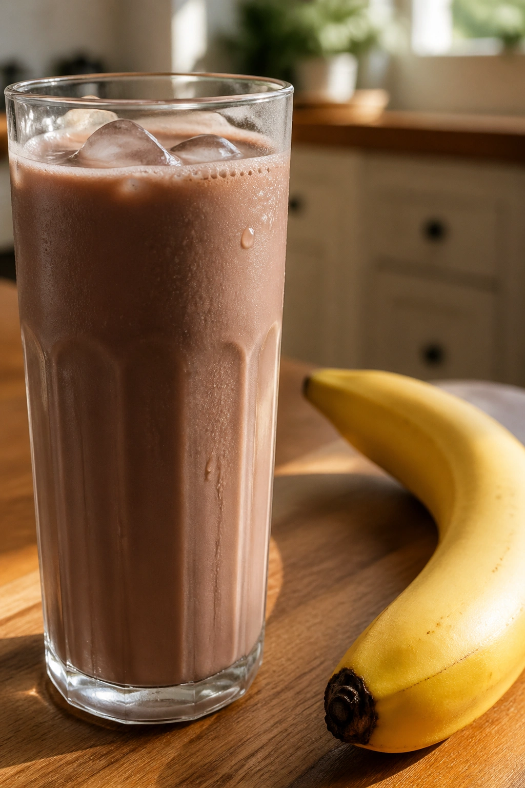 Close-up of ice-cold chocolate milk with a banana on a wooden kitchen counter