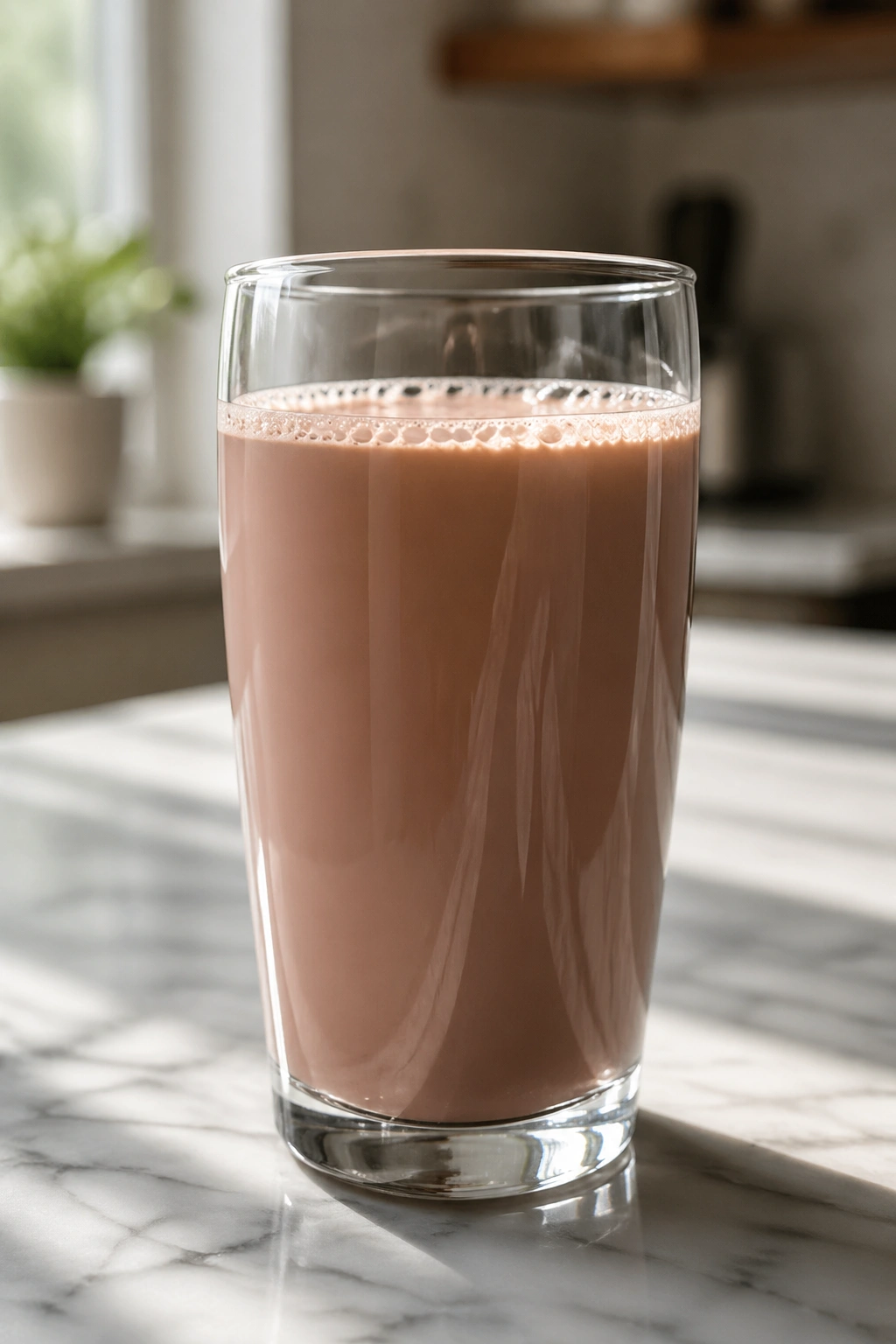 Close-up of a glass of chocolate milk on a kitchen counter