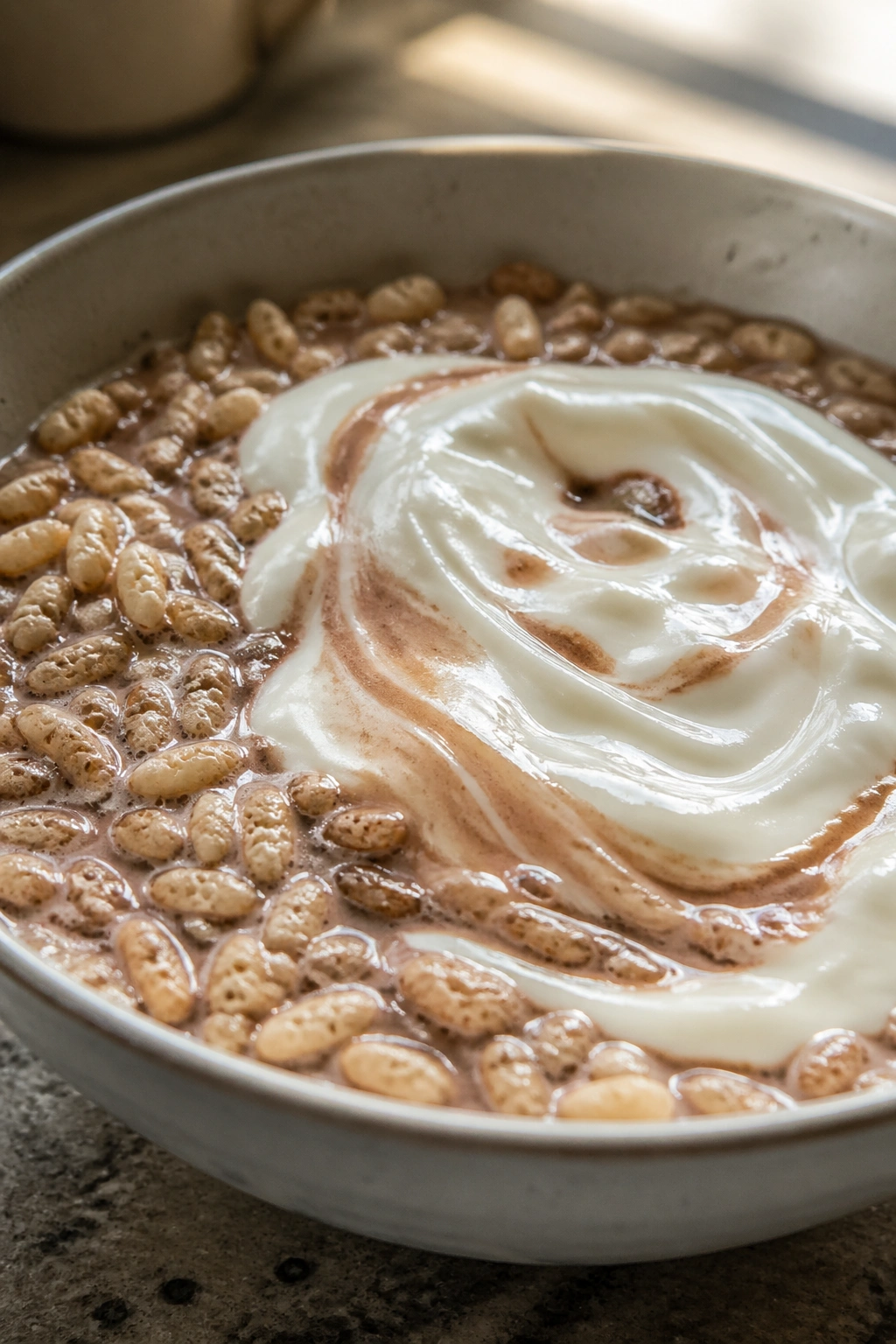 Breakfast bowl with chocolate milk, rice cereal, and Greek yogurt