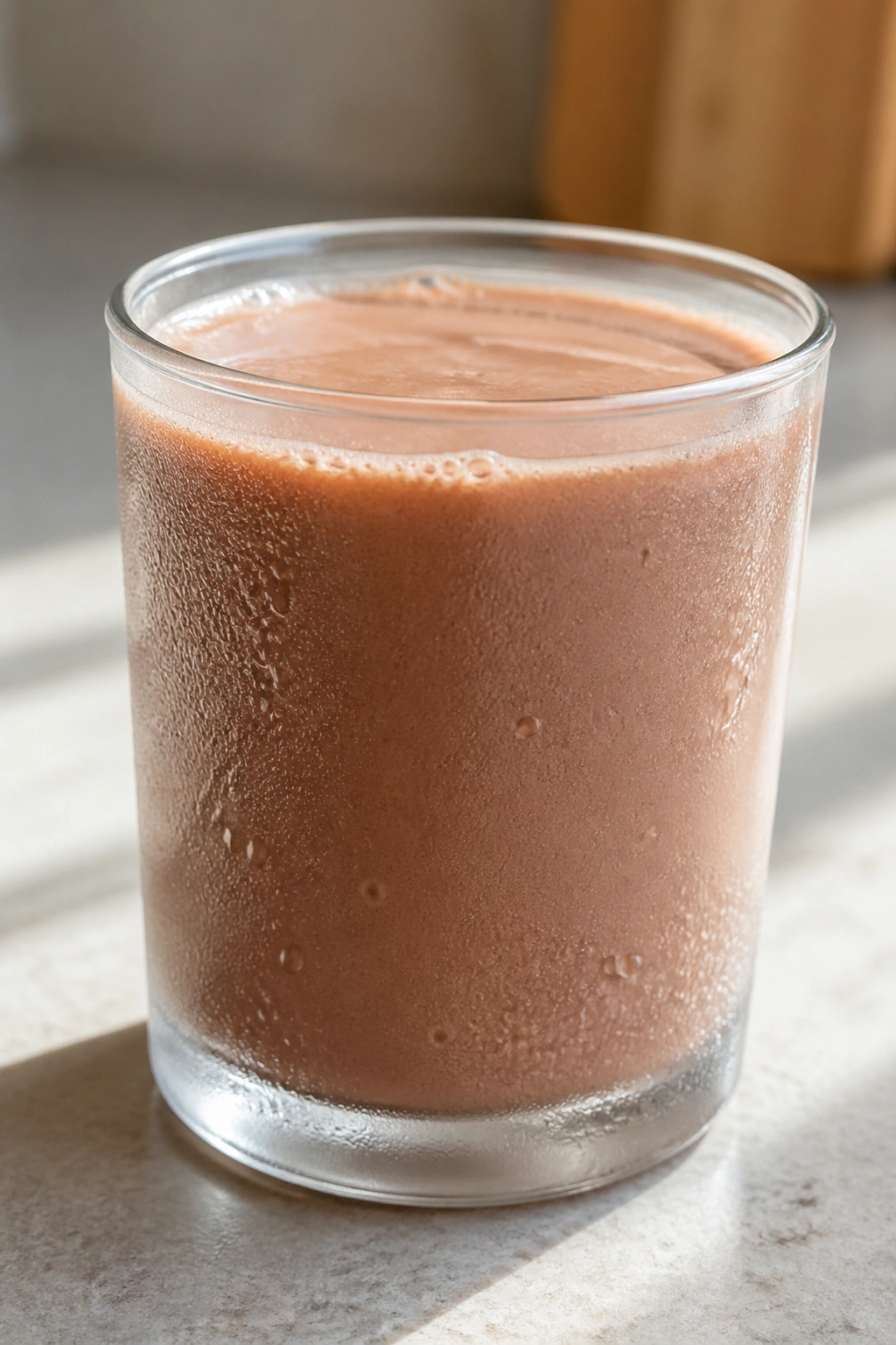 Glass of low-fat chocolate milk on a kitchen counter