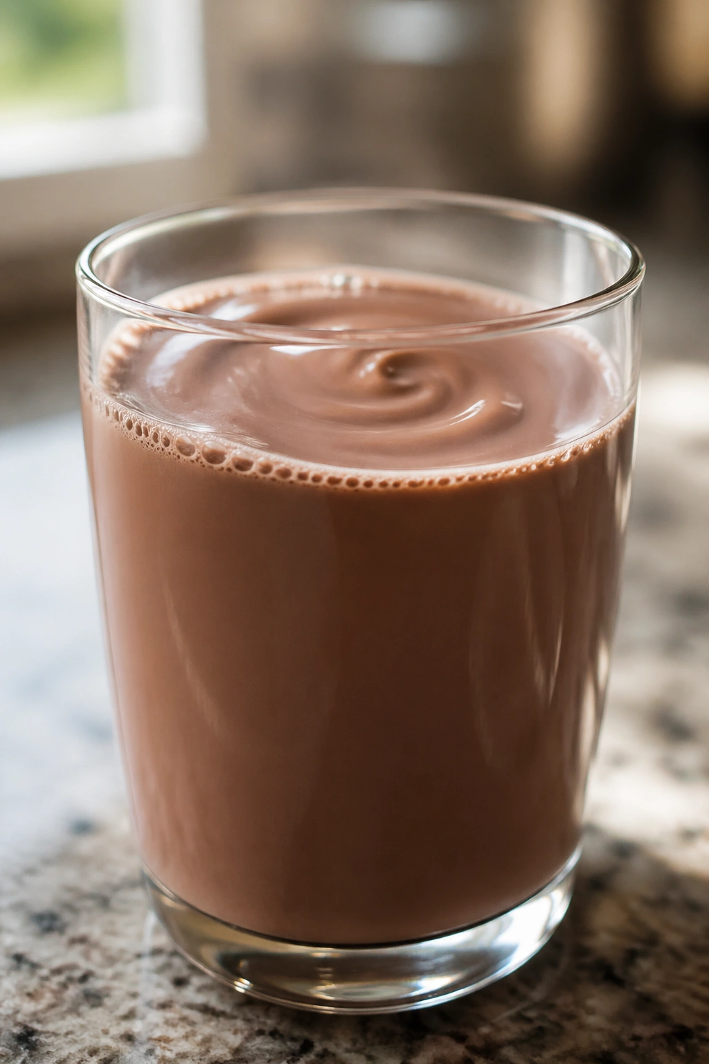 Glass of chocolate milk on a kitchen counter