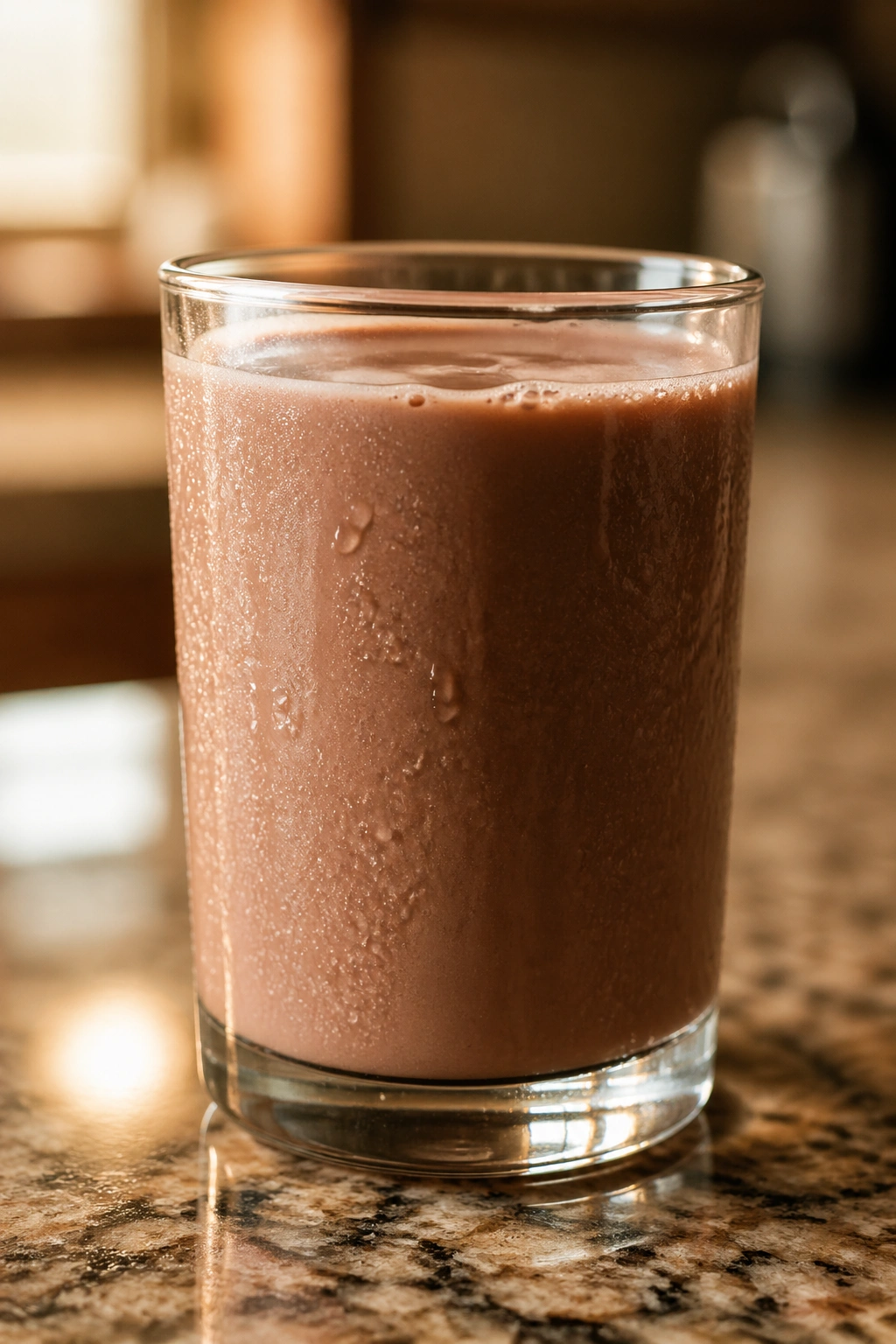 Close-up of a glass of chocolate milk with condensation on a kitchen counter