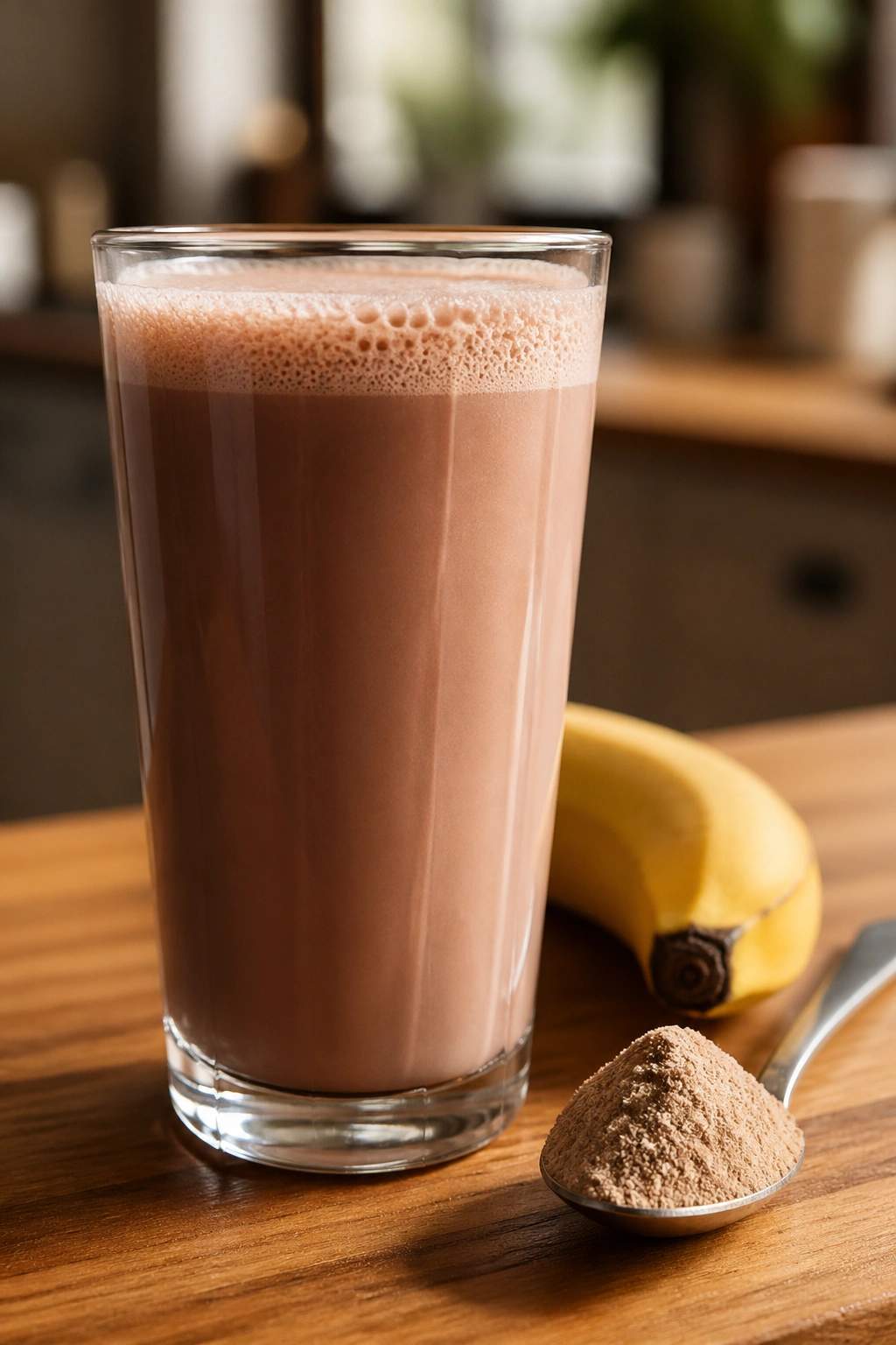 Glass of chocolate milk with banana and protein scoop on a kitchen counter.
