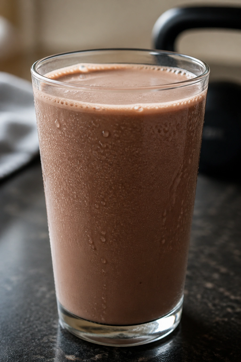 Condensed glass of chocolate milk on a counter