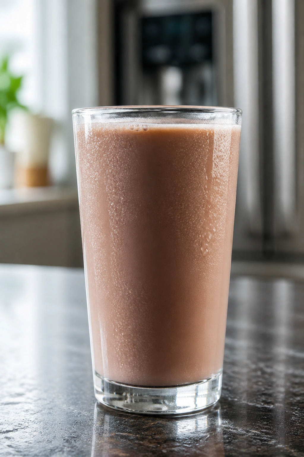 Close-up of a cold glass of chocolate milk with condensation on a kitchen counter