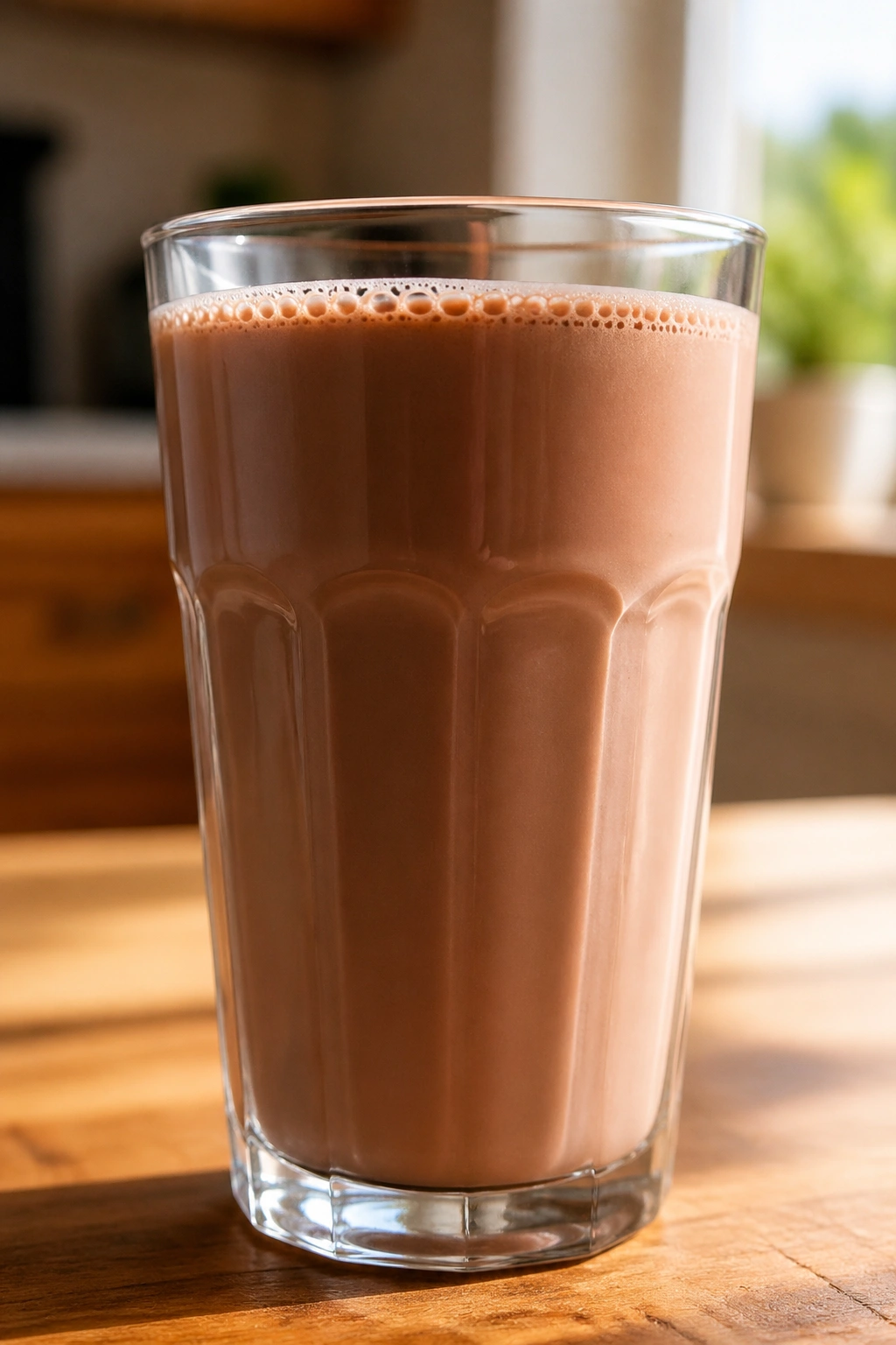 Close-up of a glass of chocolate milk, a post-workout recovery drink with protein and carbs.