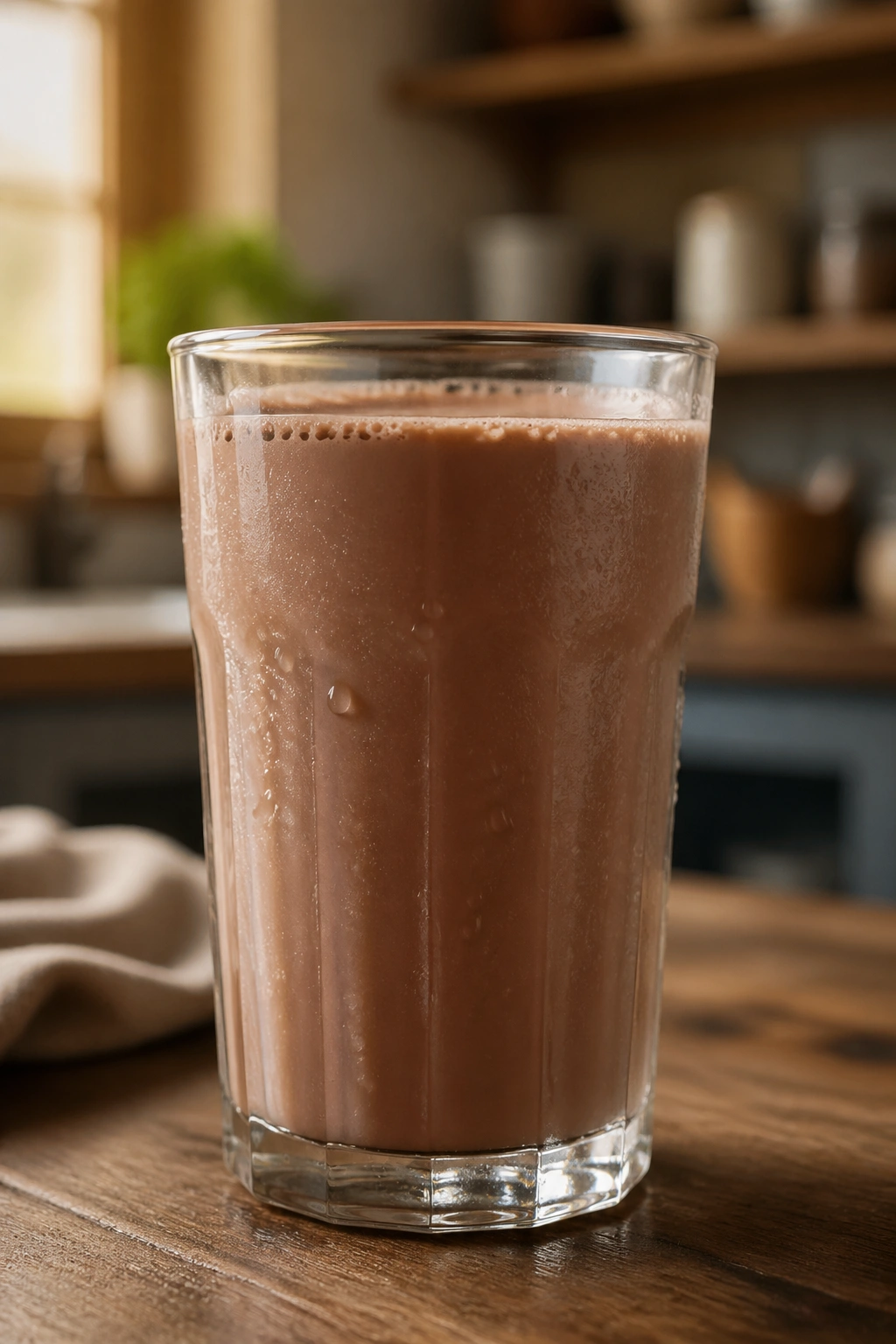 Tall glass of chocolate milk with condensation