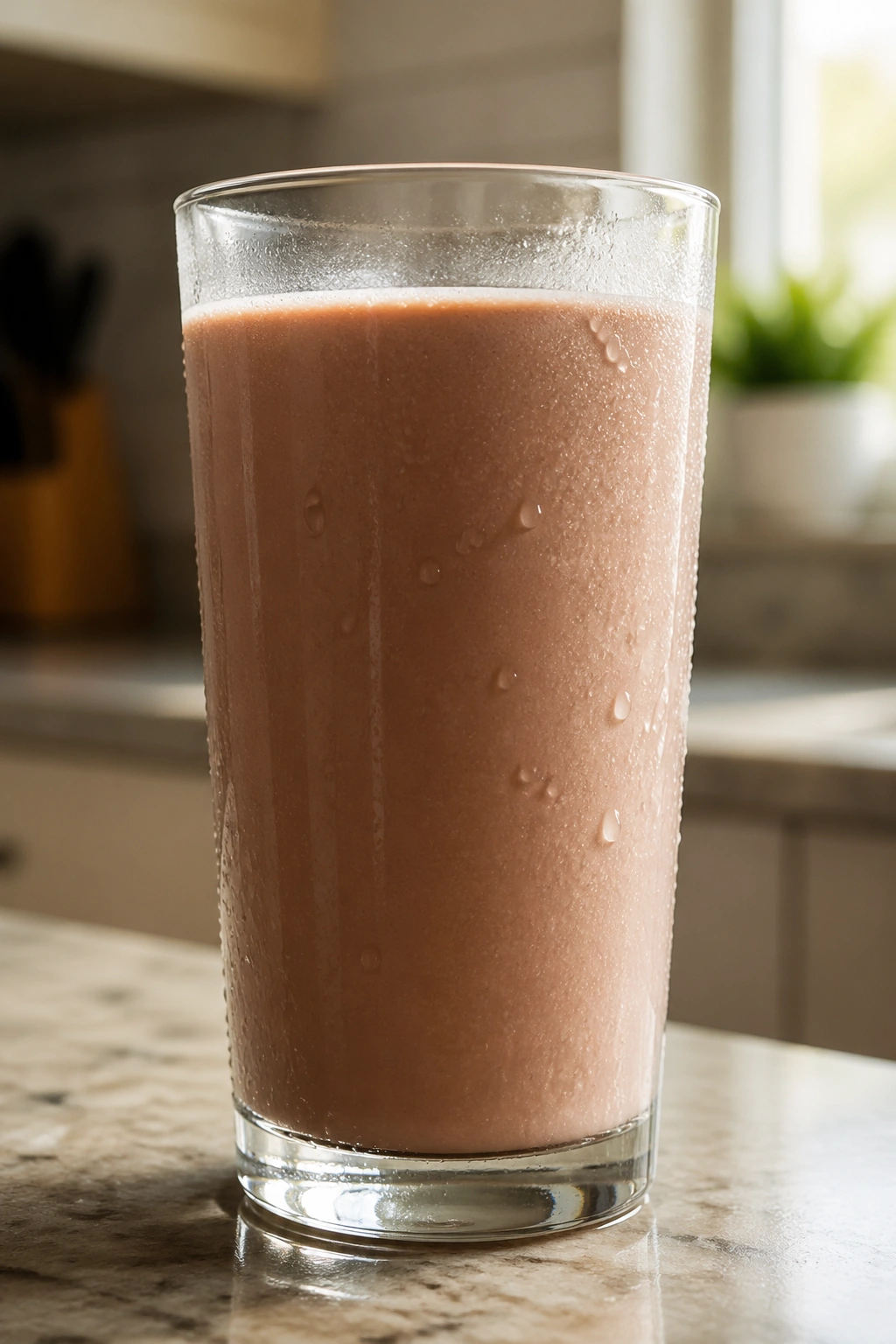 Glass of cold chocolate milk with condensation in a kitchen setting