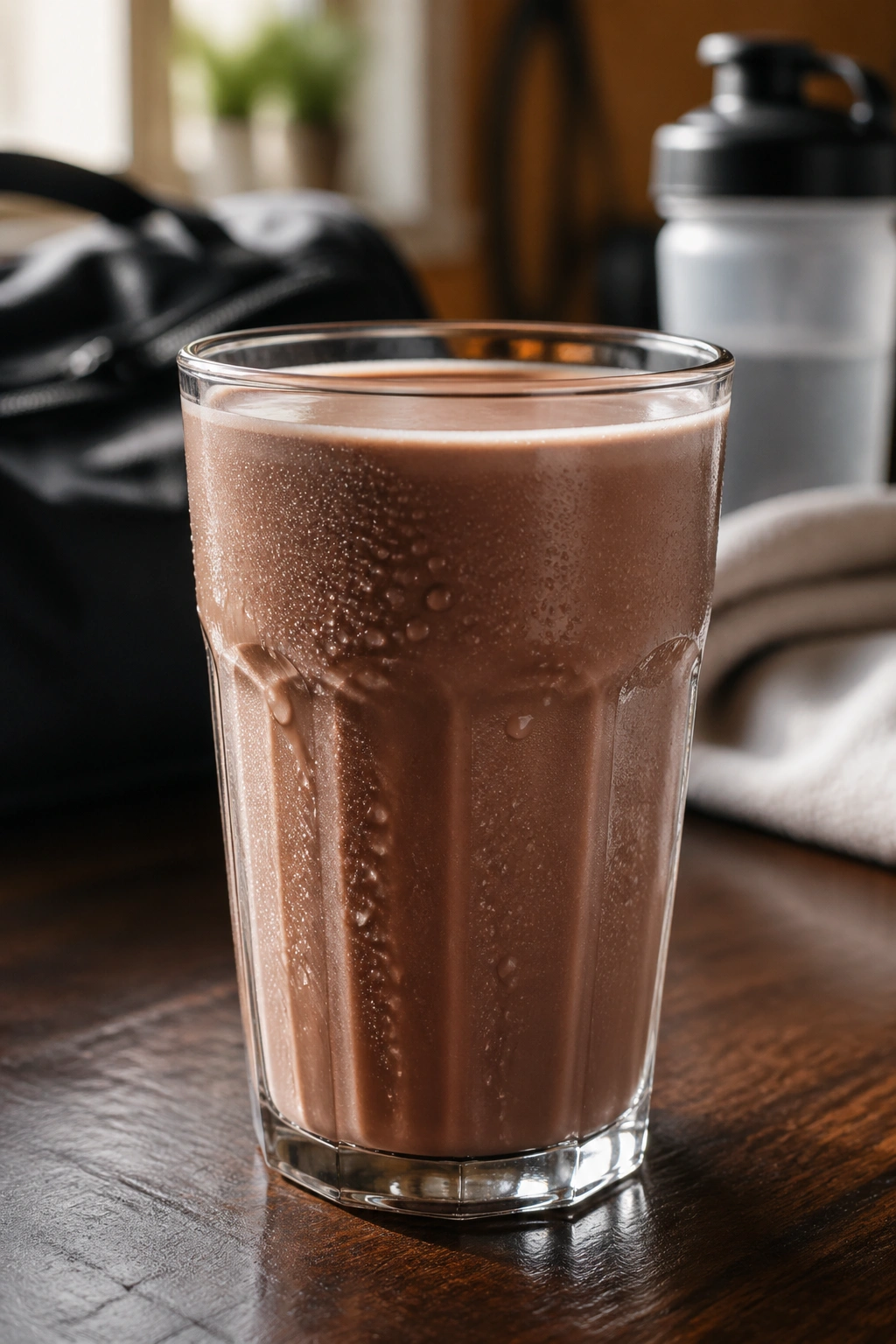 Close-up of a glass of chocolate milk with condensation on the glass, post-workout recovery drink