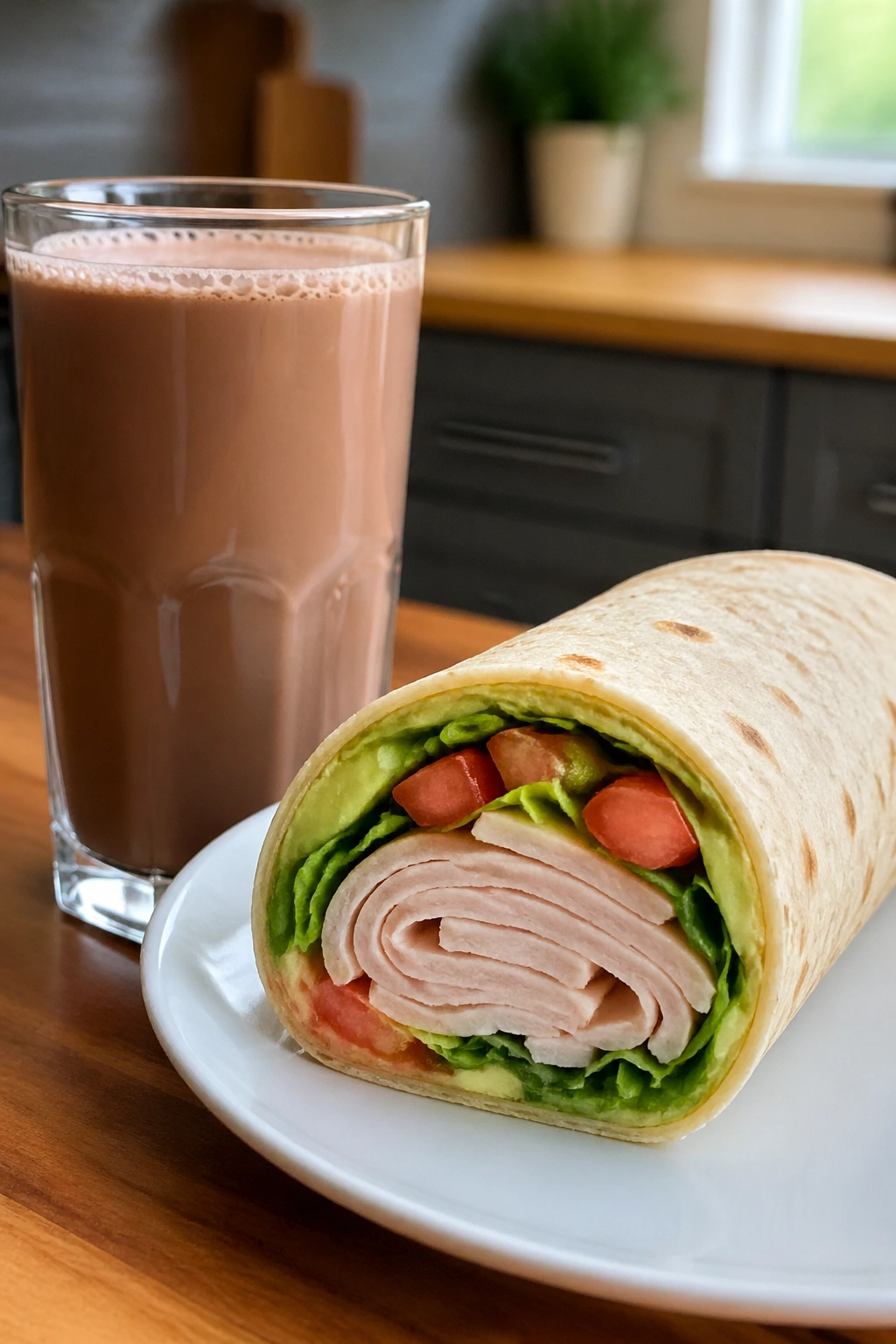 Close-up of chocolate milk and turkey wrap on a wooden counter