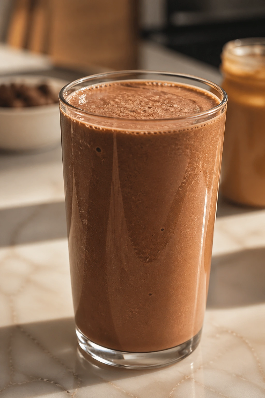 Chocolate peanut butter protein smoothie in a glass on a kitchen counter