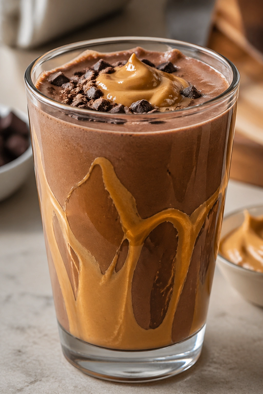 Glass of Chocolate Peanut Butter Recovery Shake in a warm kitchen