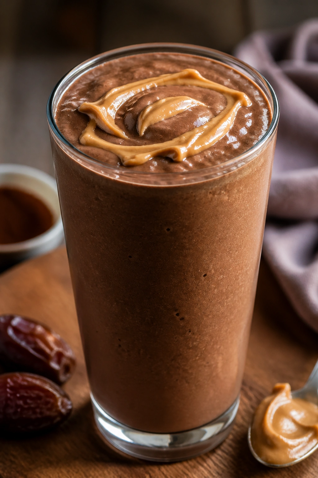 Close-up of Chocolate Peanut Butter Date Shake in a glass on a kitchen counter