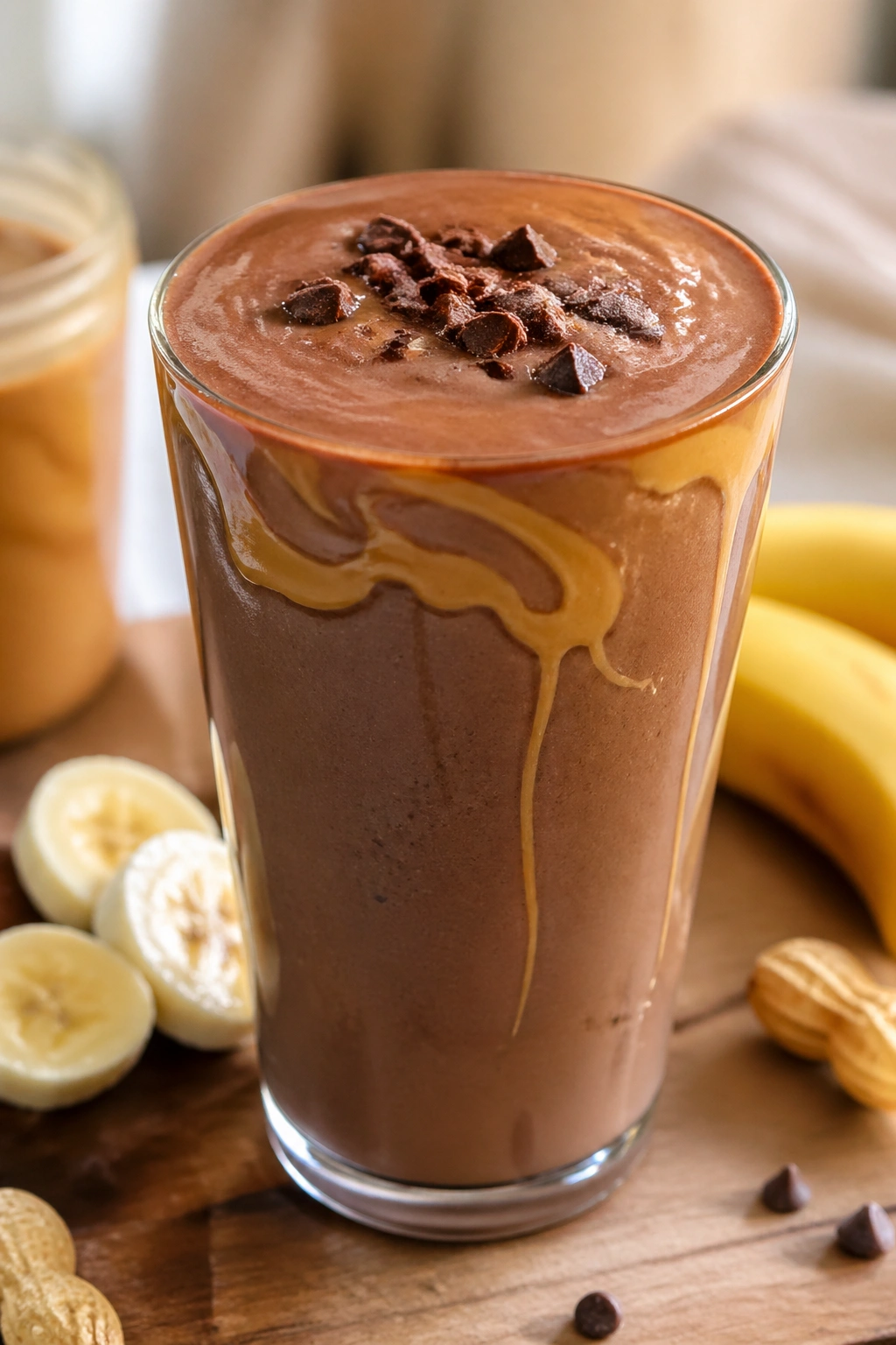 Close-up of a chocolate peanut butter banana shake in a glass on a warm kitchen counter