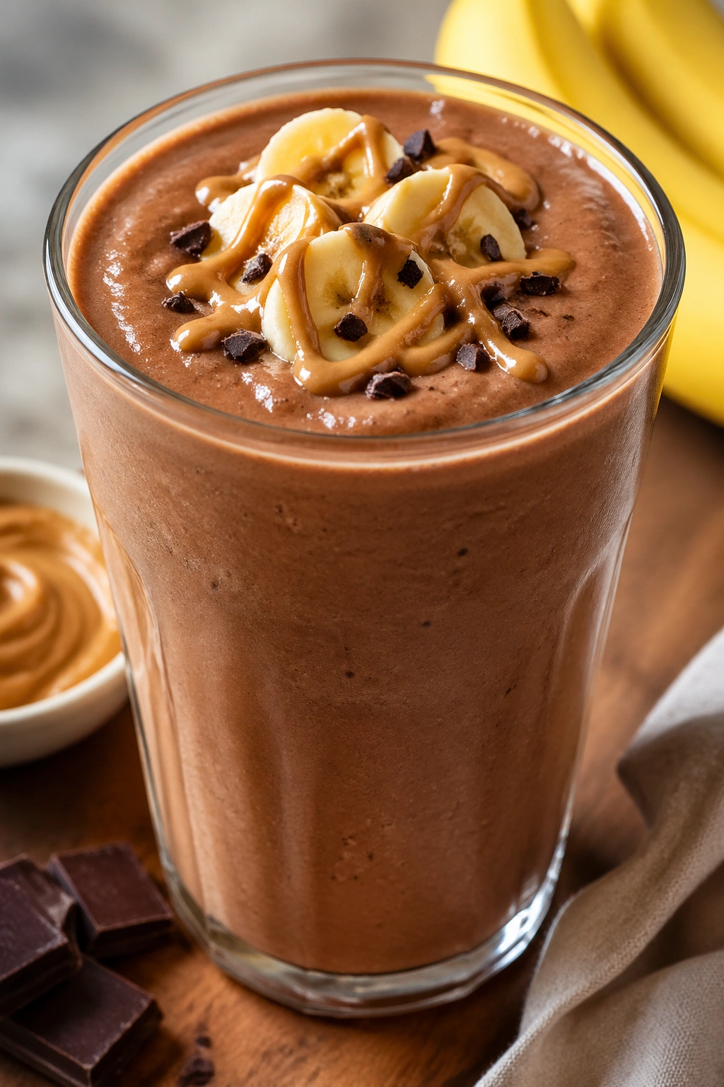 Chocolate peanut butter banana shake in a glass