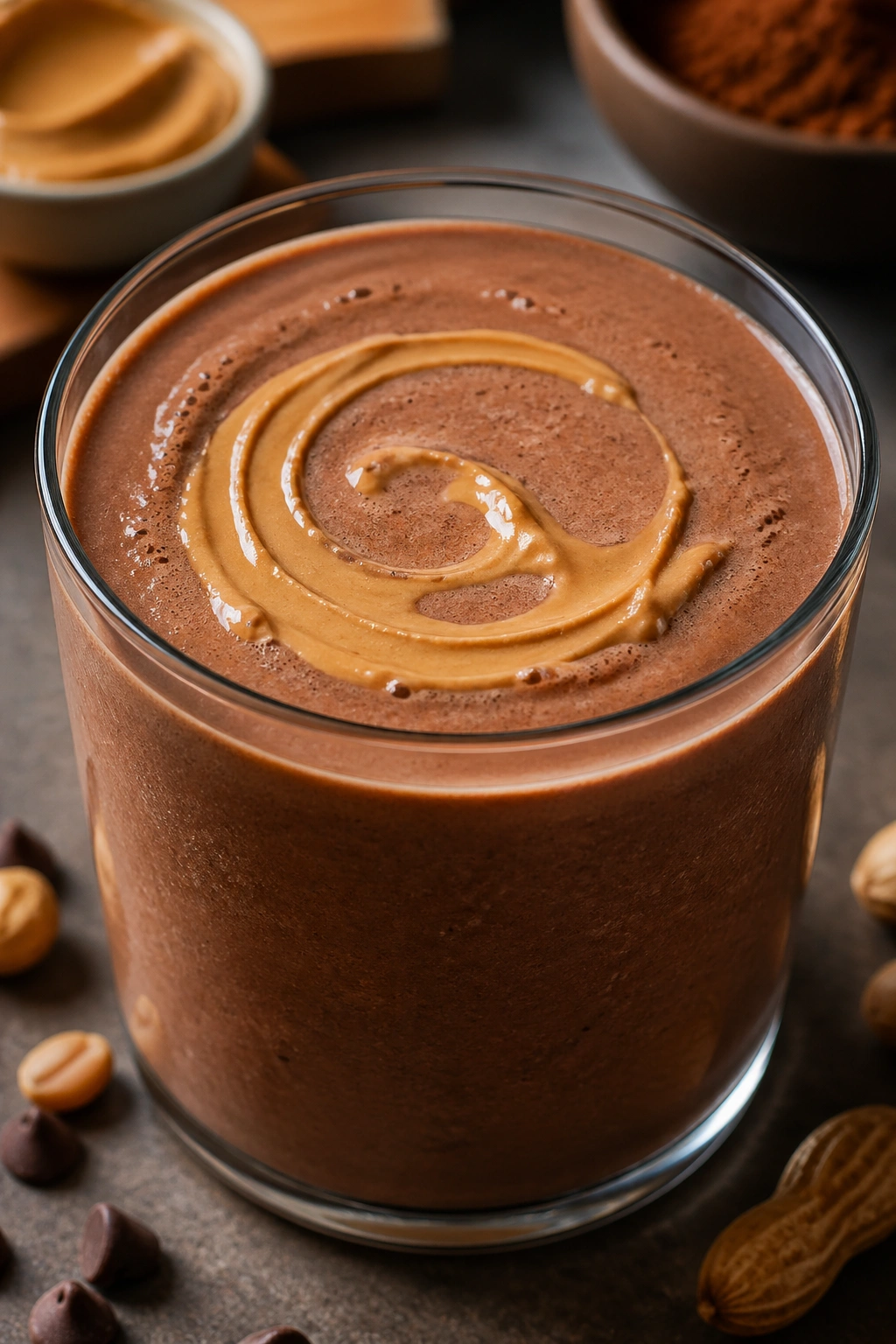 Close-up of a chocolate peanut butter recovery smoothie with peanut butter swirl