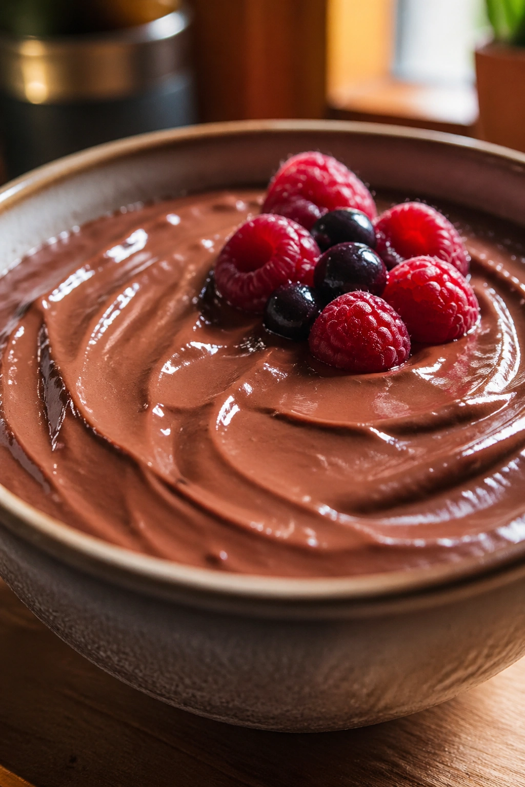 Glossy bowl of chocolate protein pudding with berry garnish in a warm kitchen